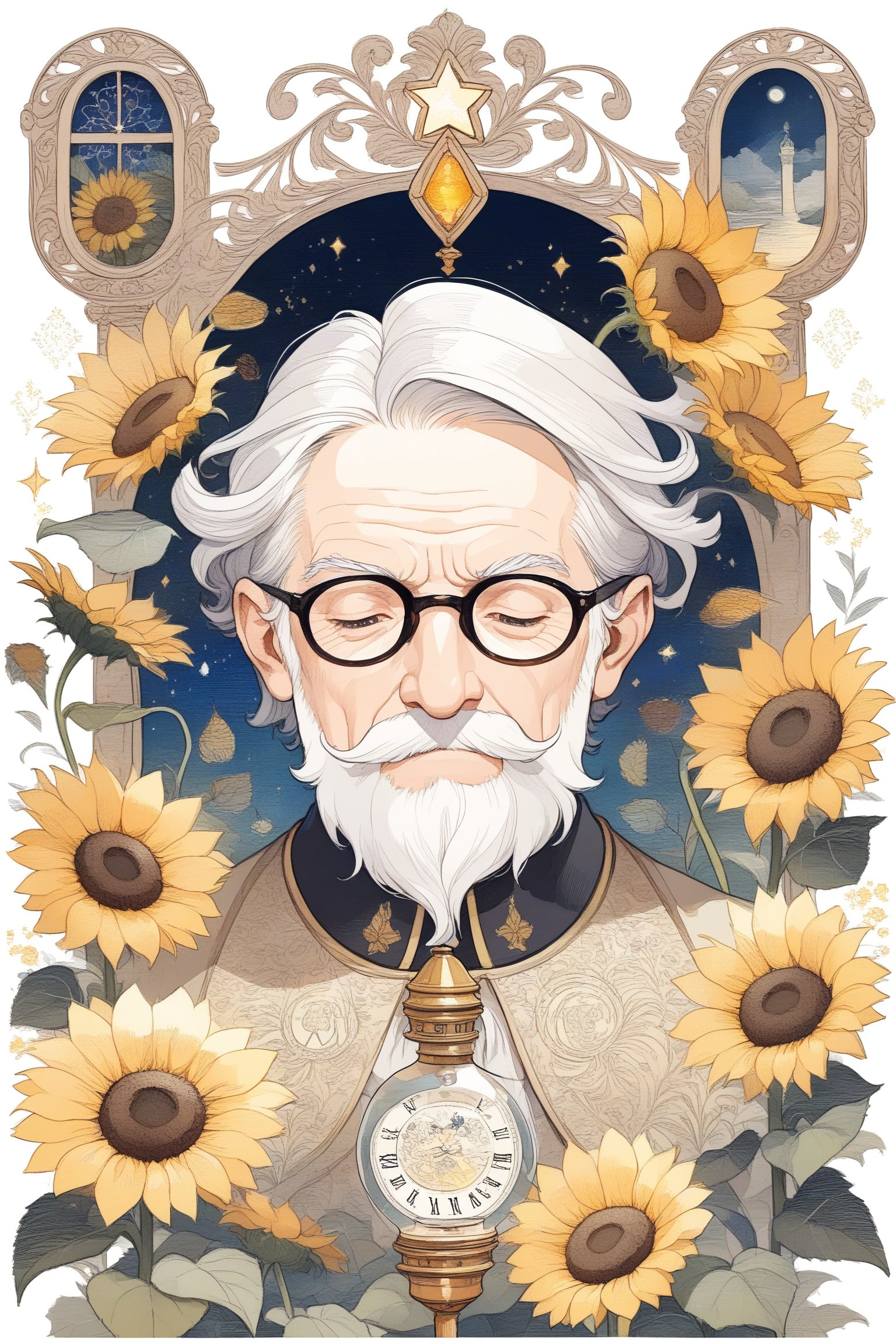 A lonely old man with a lantern, representing the search for inner knowledge and wisdom, fractal art (tarot card design), botanical illustration, sunflowers, classic and elegant flourish, Lofi art style, vintage, best quality, masterpiece, details extremely detailed and intricate, fractal art (tarot card design), botanical illustration, sunflowers, classic and elegant flourish, Lofi artistic style, vintage, [(text that says "EL LOCO")], best quality, masterpiece, extremely detailed and intricate details,