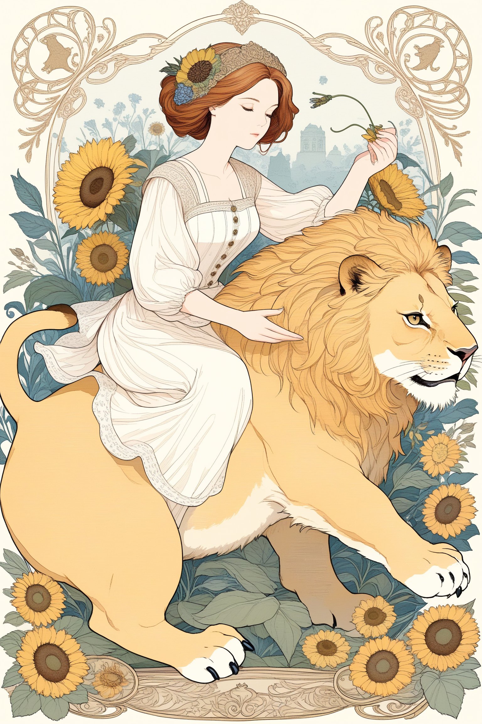 A calm woman taming a lion, symbolizing courage, patience and self-control, fractal art (tarot card design), botanical illustration, sunflowers, classic and elegant flourish, Lofi artistic style, vintage, best quality, masterpiece, extremely detailed and intricate details, fractal art (tarot card design), botanical illustration, sunflowers, classic and elegant flourish, Lofi artistic style, vintage,  best quality, masterpiece, extremely detailed and intricate details,