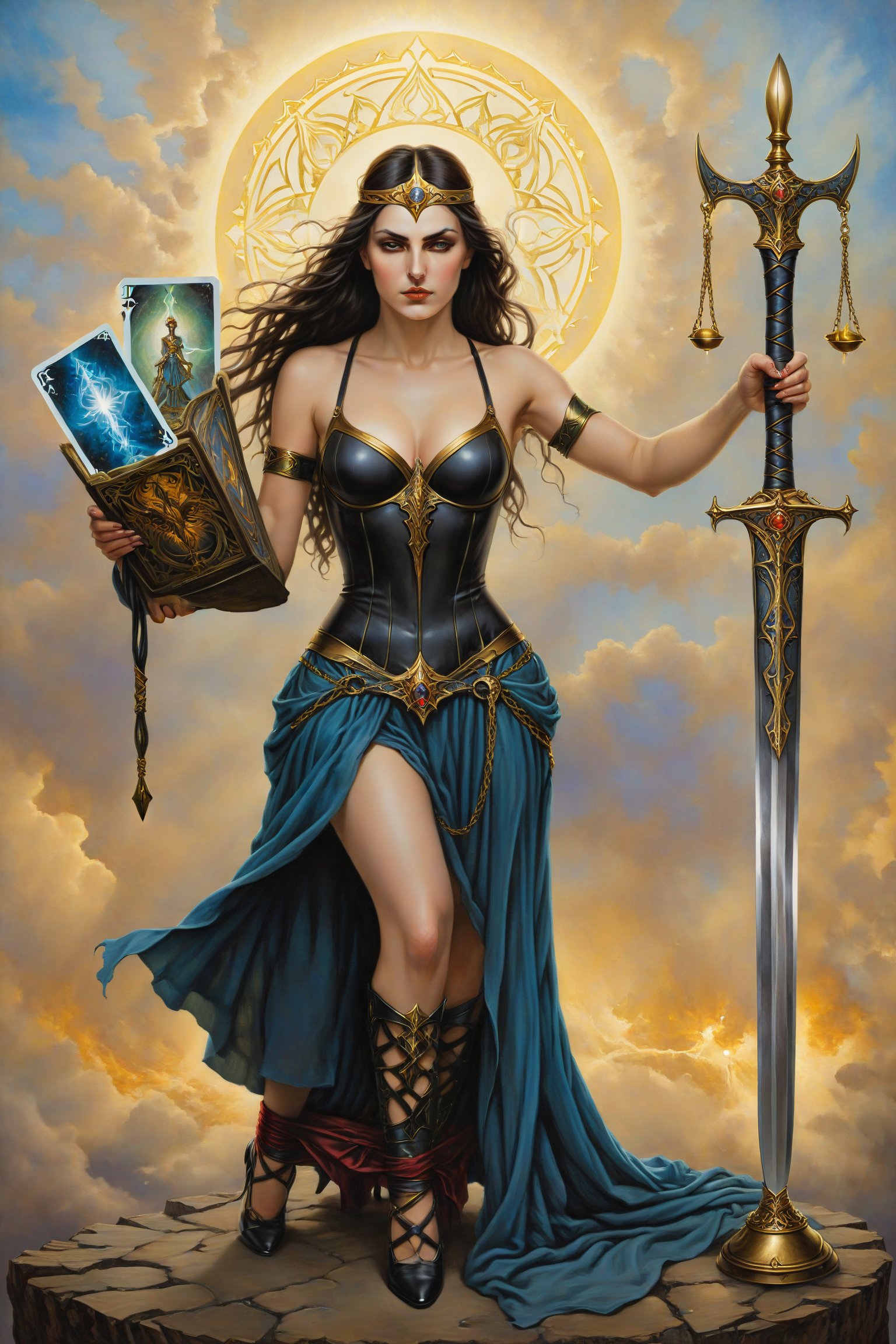 Justice card of tarot: Una figura femenina sentada con una balanza n equilibrio, en una mano y una espada en la otra, simbolizando equilibrio y verdad. artfrahm,visionary art style