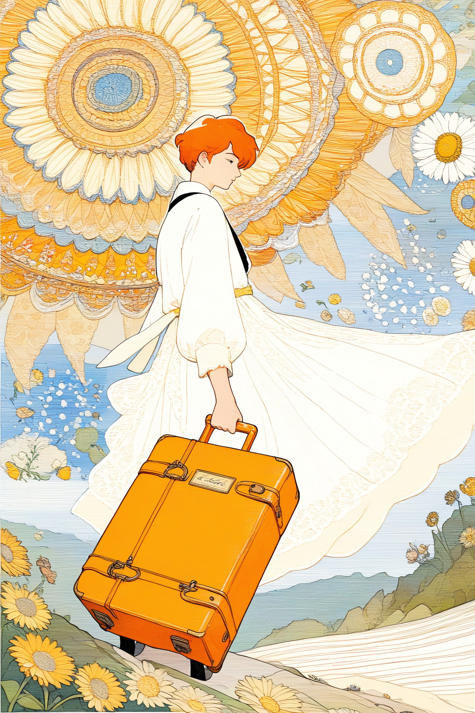A young man, carefree figure walks towards the edge of a cliff, looking up at the sky. He is carrying a light backpack and is about to take a confident step into the void. In her right hand she holds a white flower while in her left an orange suitcase, fractal art (tarot card design), botanical illustration, sunflowers, classic and elegant flourish, Lofi artistic style, vintage, [(text that says "EL LOCO")], best quality, masterpiece, extremely detailed and intricate details,