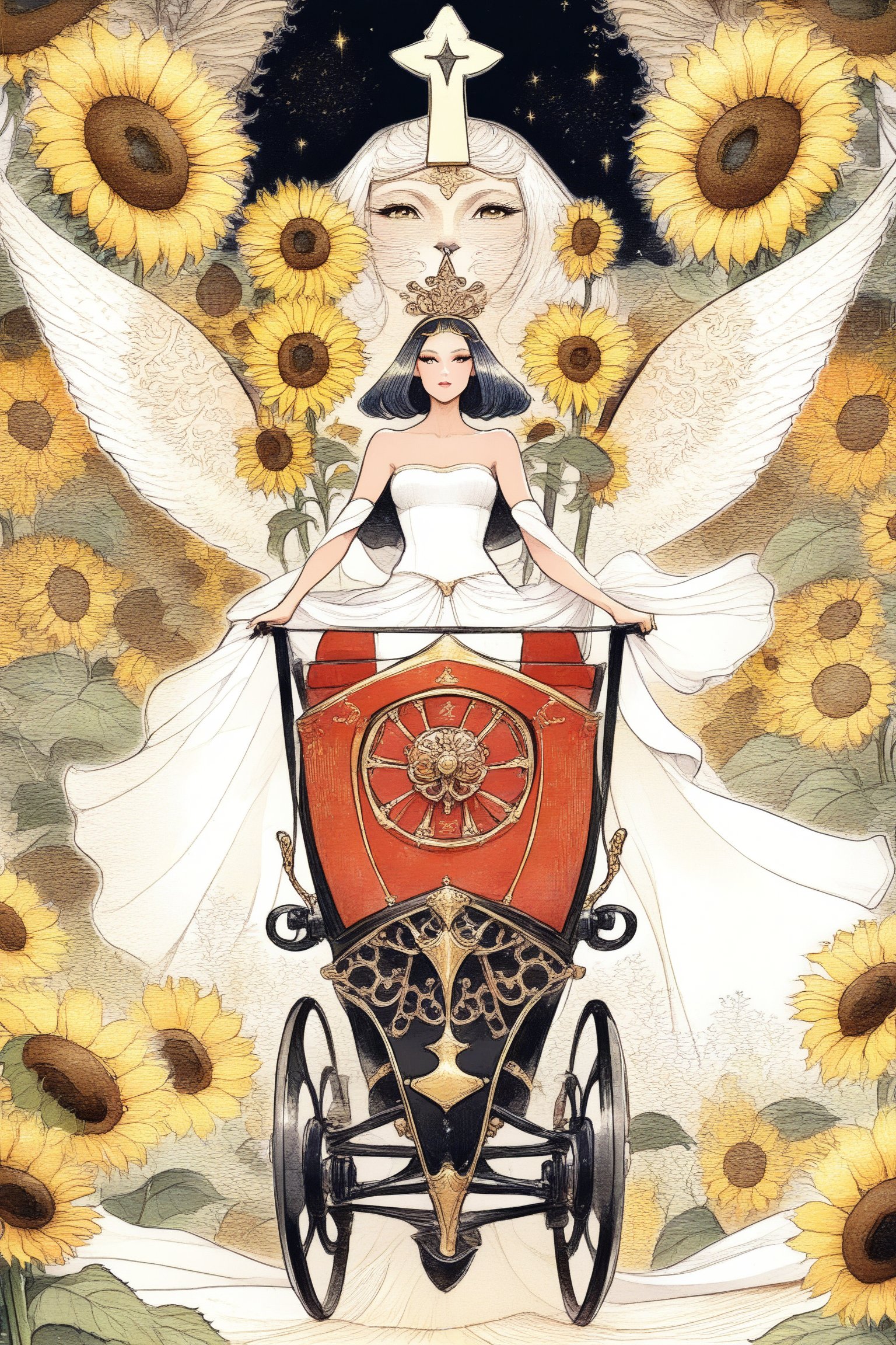 A warrior on a chariot pulled by two sphinxes, one white and one black, symbolizing victory and control, fractal art (tarot card design), botanical illustration, sunflowers, classic and elegant flourish, Lofi art style, vintage, best quality, masterpiece, extremely detailed and intricate details, fractal art (tarot card design), botanical illustration, sunflowers, classic and elegant flourish, Lofi artistic style, vintage, [(text that says "EL LOCO")], best quality, masterpiece, extremely detailed and intricate details,