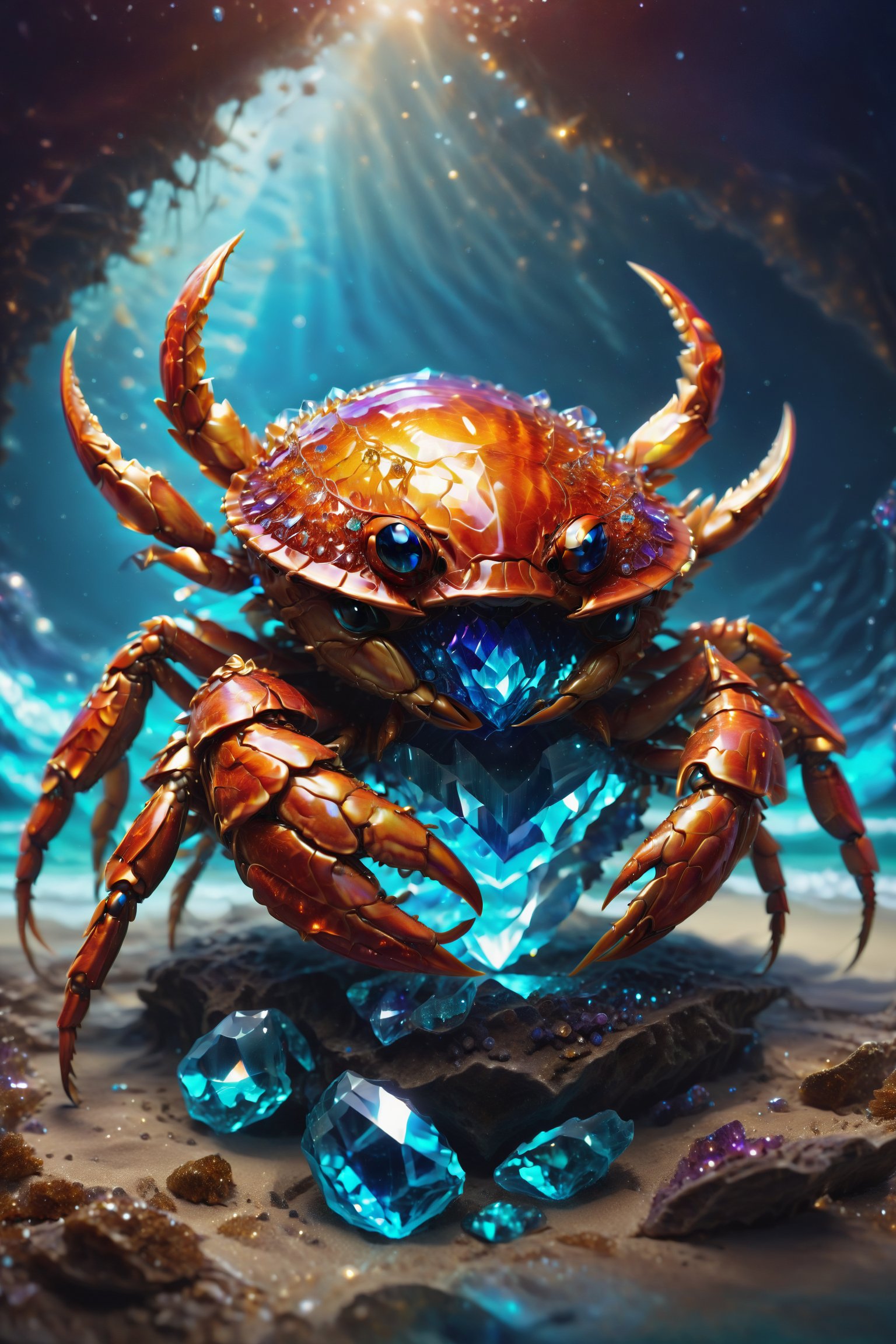 A crab with a shell made of crystals reflecting the movements of the ocean, symbolizing adaptability and protection.