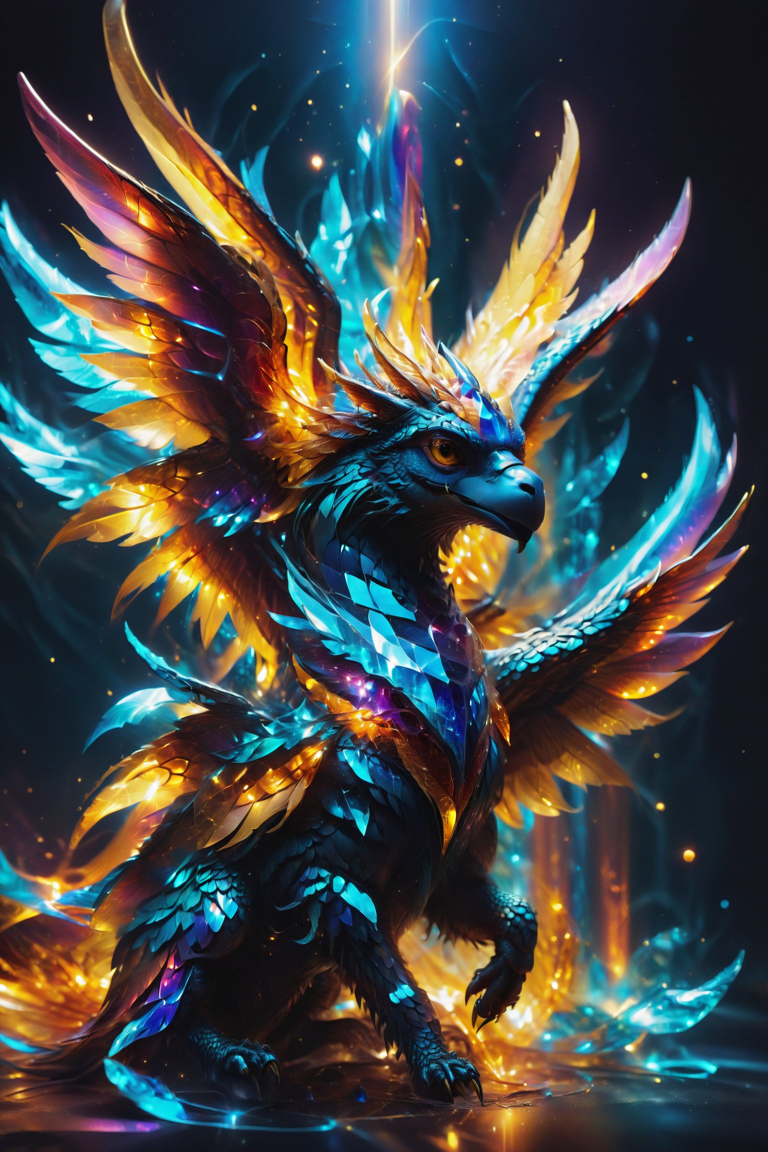 A griffin with wings of crystal refracting sunlight, symbolizing strength and freedom in celestial flight.