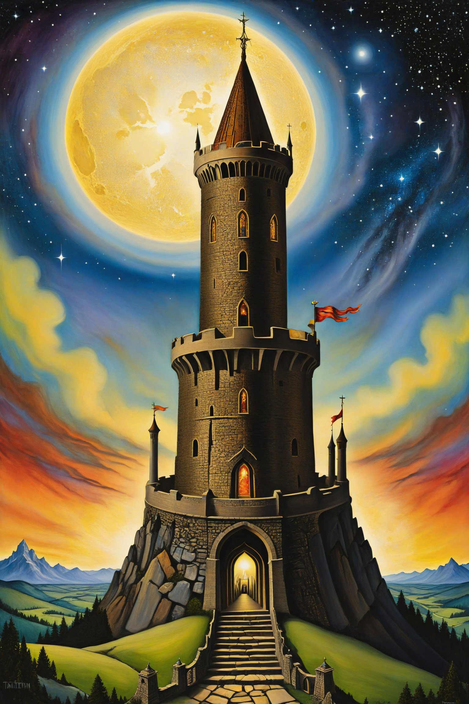 The Tower card of tarot,artfrahm,visionary art style