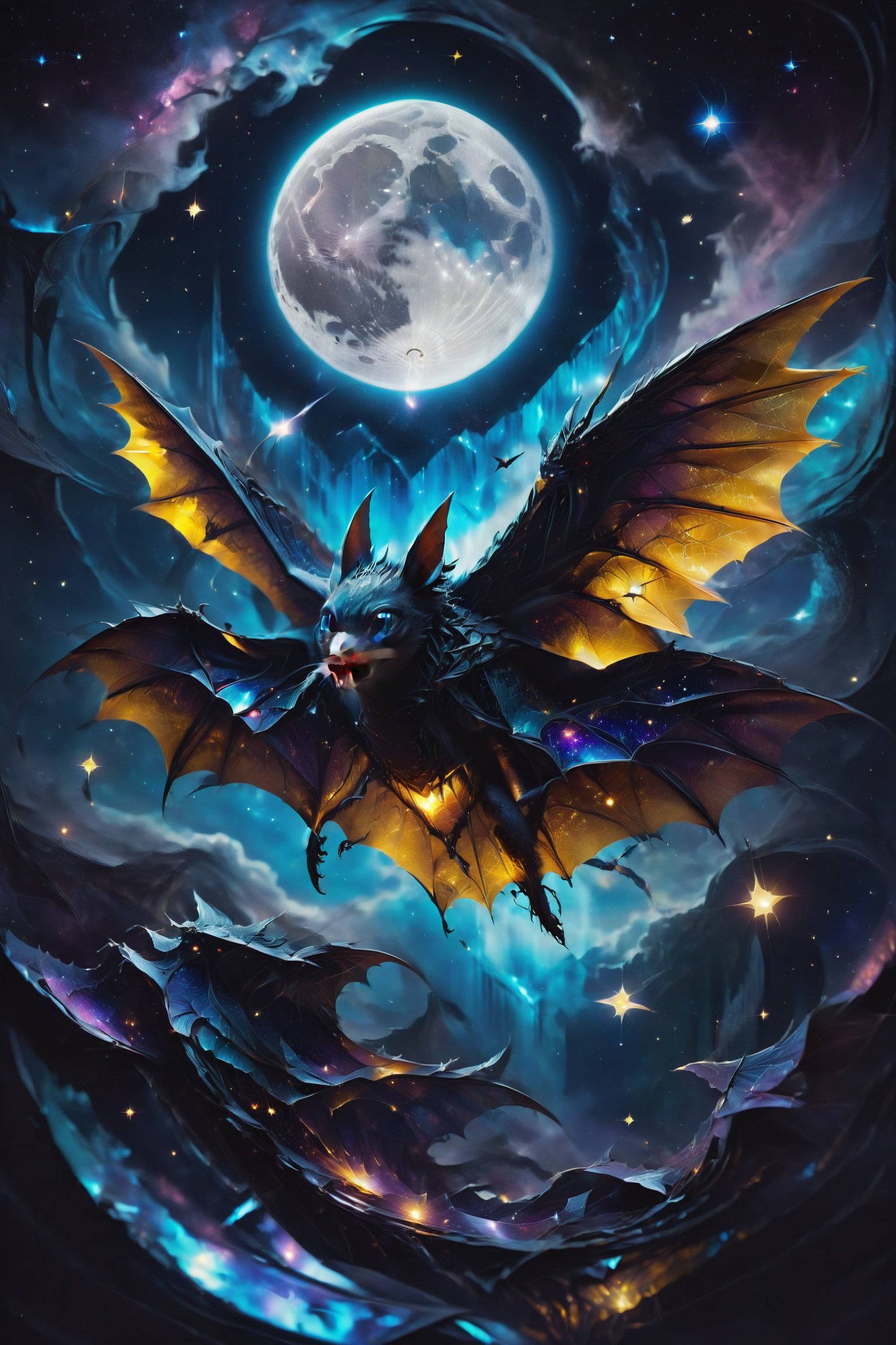 A bat with wings made of glass reflecting the moon and stars in nocturnal flight, evoking mystery and freedom.