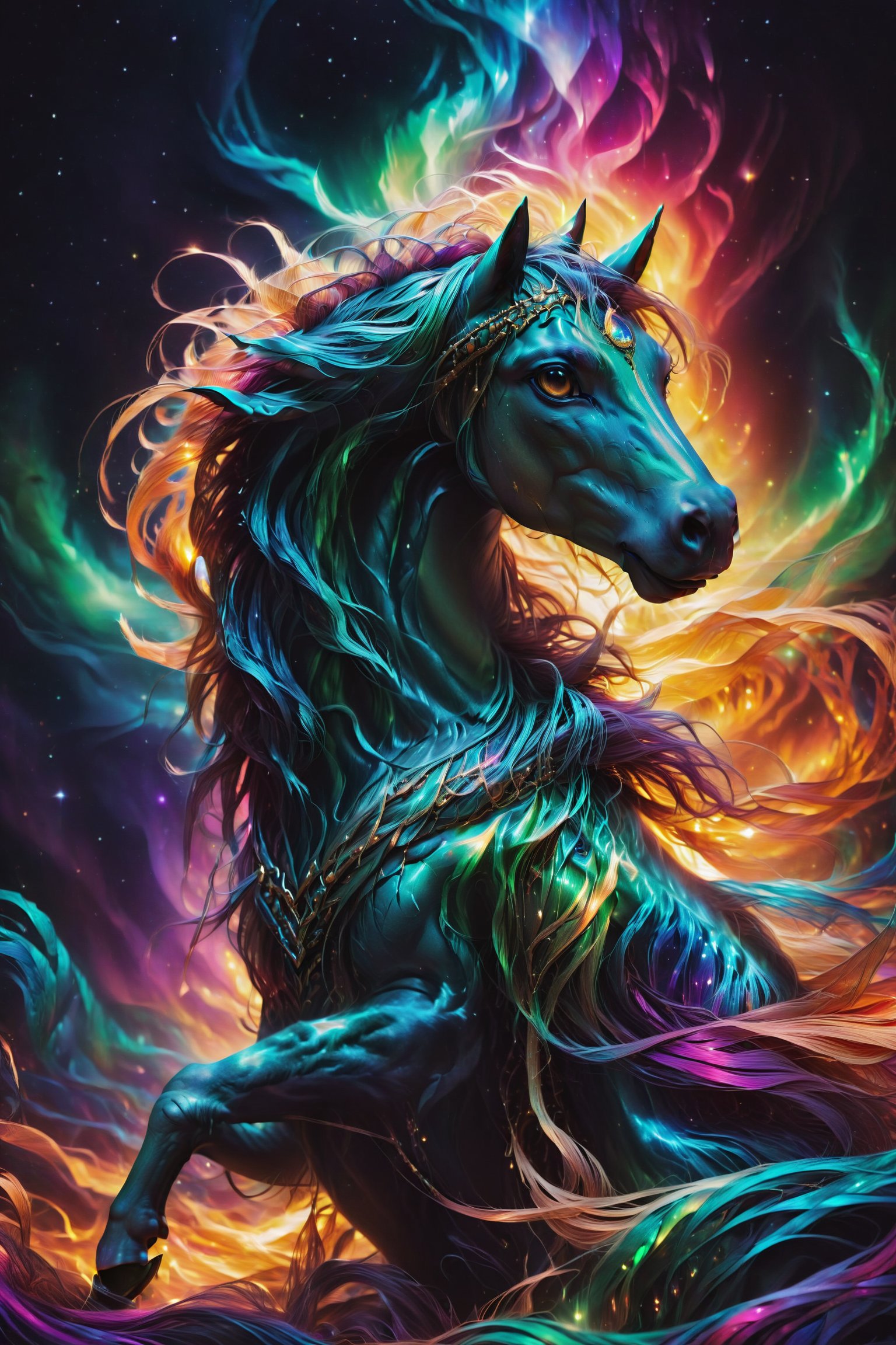 A horse with mane and tail woven with threads of light resembling northern lights, symbolizing grace and natural prowess.