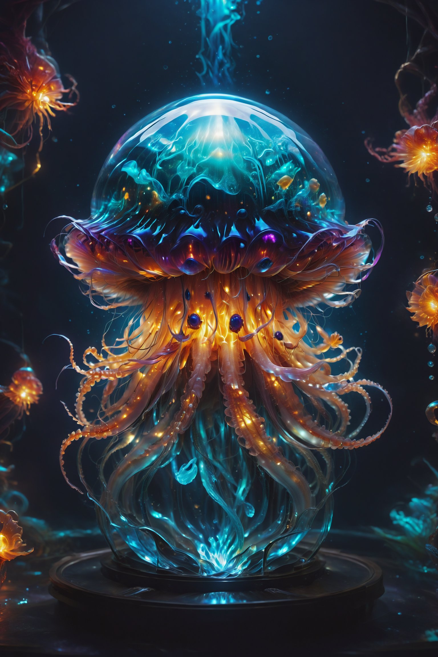 A jellyfish with tentacles made of glass emitting bright flashes underwater, symbolizing grace and danger.