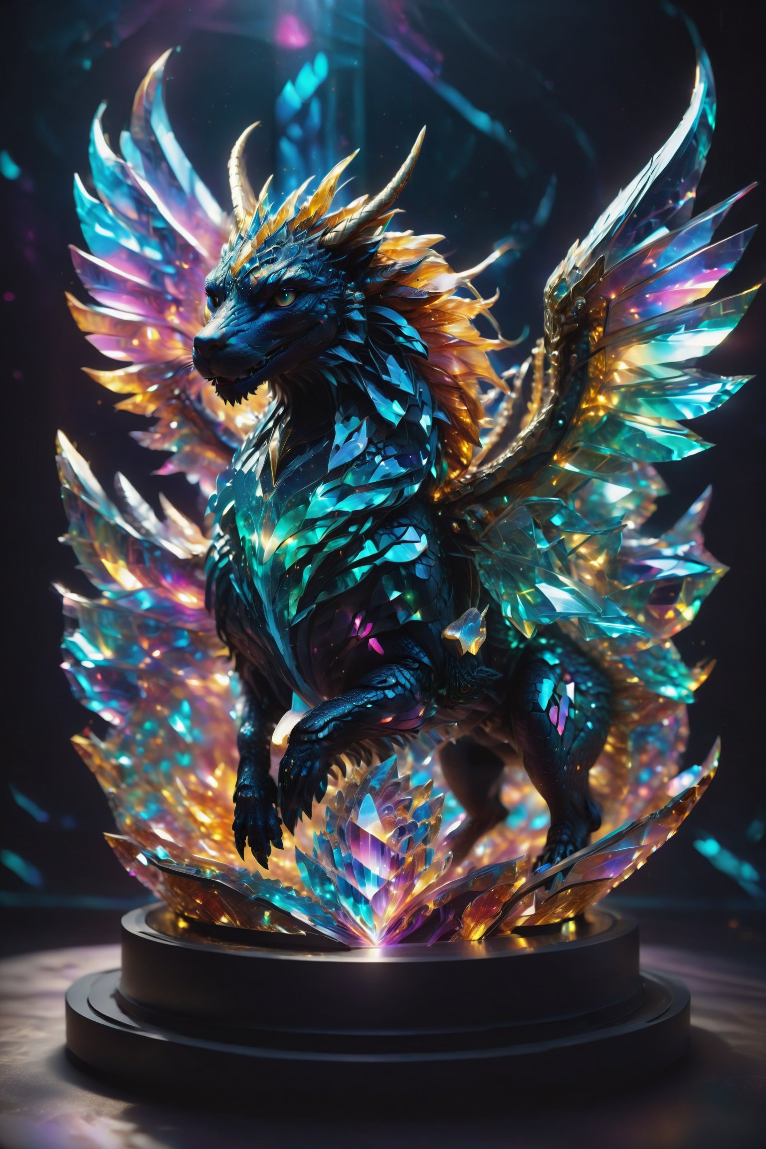 A fantastic chimera that shifts shape with the light, combining features of multiple animals into a single, stunning figure of holographic crystal.