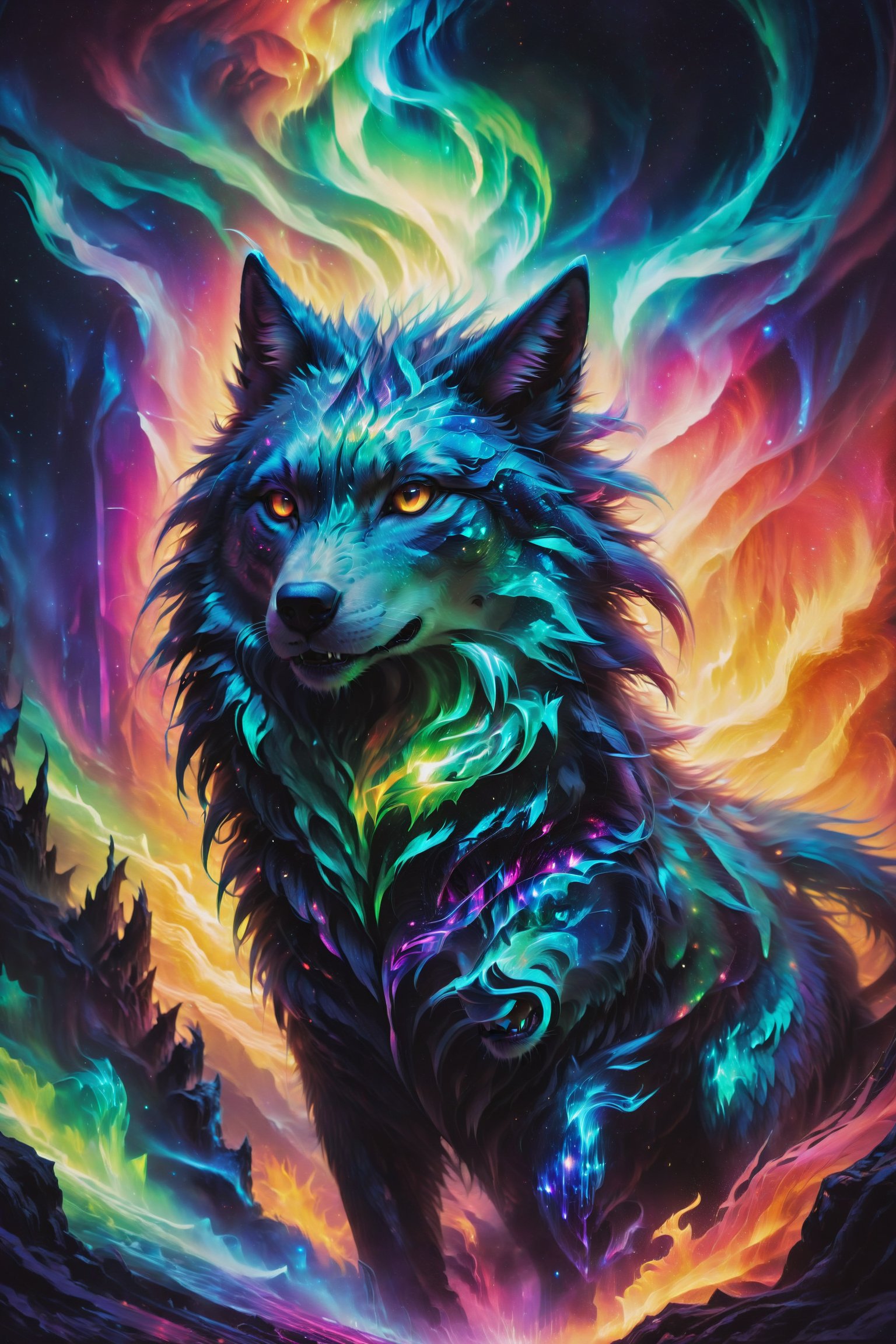 The holographic wolf hunting under the aurora borealis, its eyes glowing with shifting colors, capturing intensity and cunning in the wild.