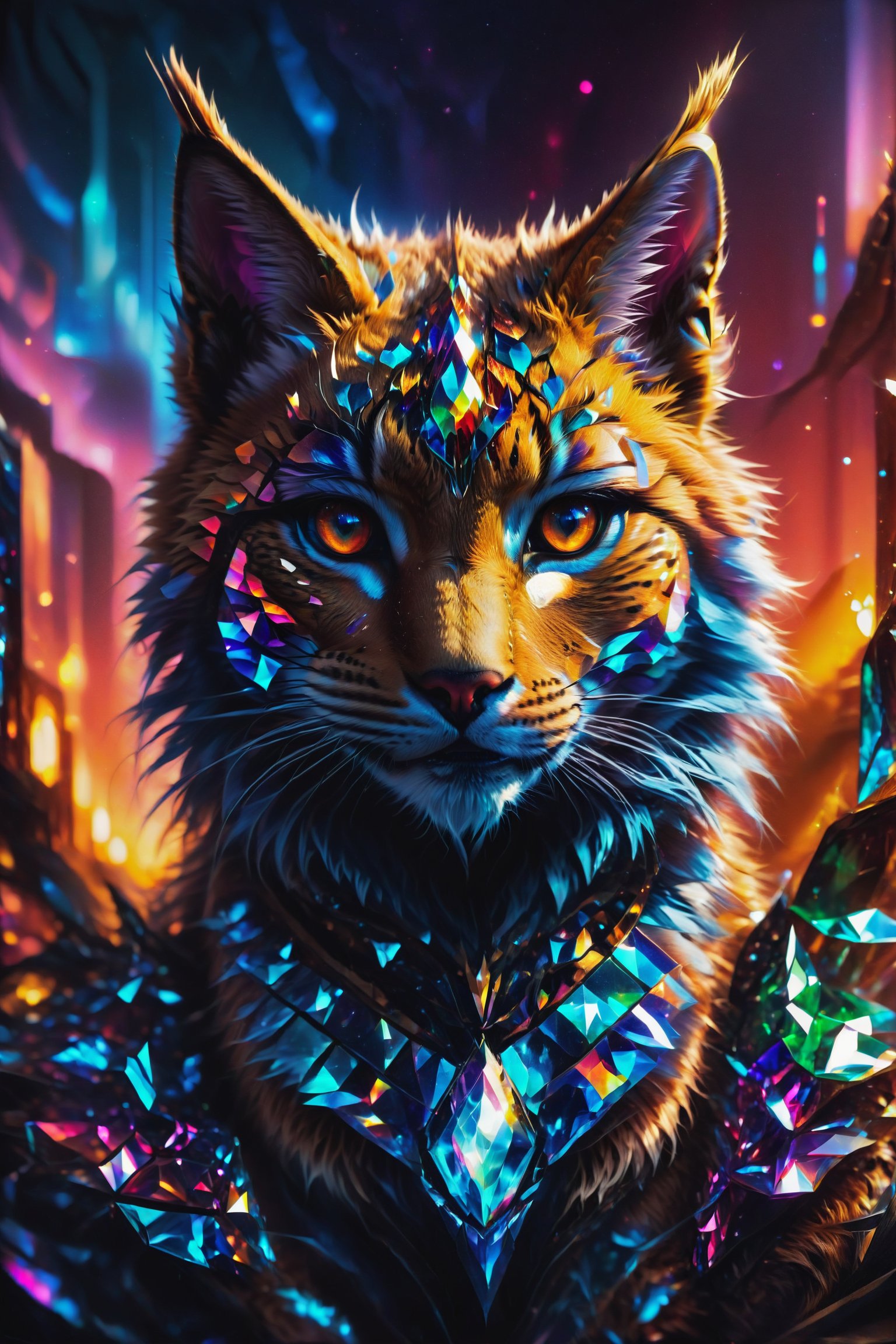 A lynx with eyes wrapped in prisms reflecting the colors of twilight, representing stealth and visual acuity.