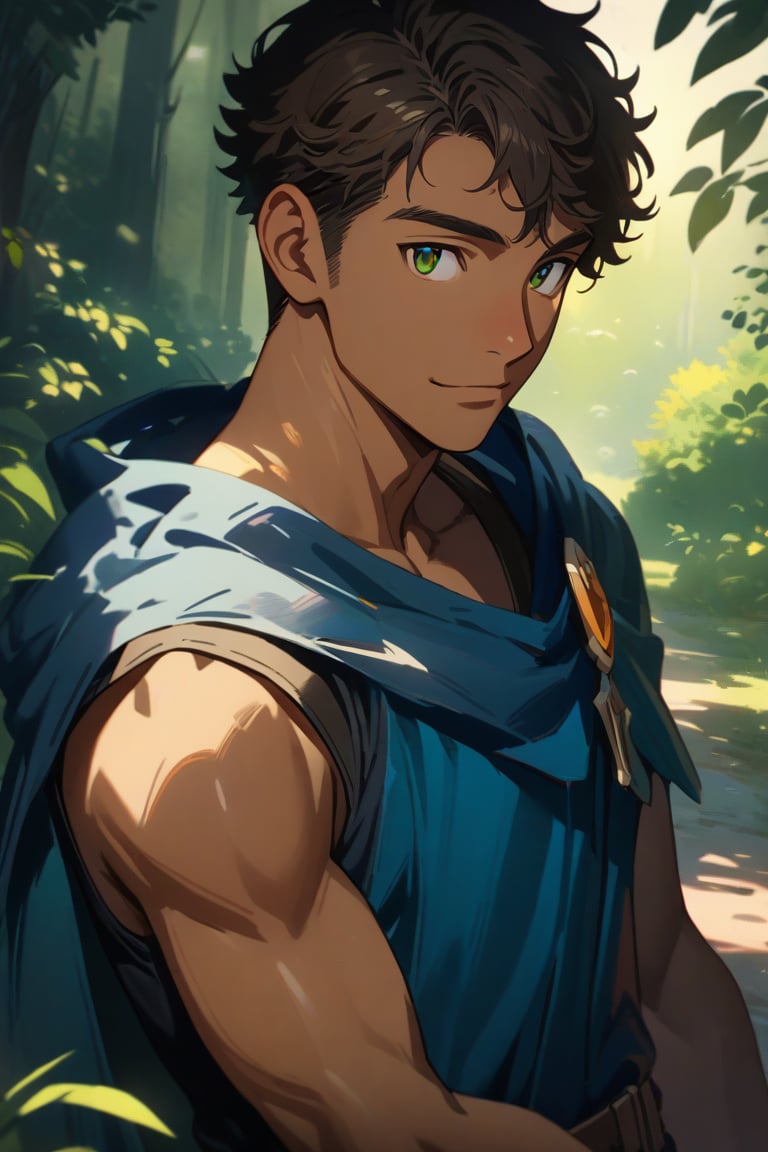 masterpiece, best quality, 4k, 8k, highres, ultra-detailed, anime, manga, oil painting, painted, gentle transitions, soft shadows, brush strokes, detailed textures, vivid colors, cel-shading, character design, expressive faces, dramatic lighting, male sorcerer, (dark skin:1.1), dark brown hair, tousled wavy hair, (short hair:1.2), handsome masculine face, square jaw, green eyes, simple dark adventurer clothing, (blue cloak:1.2), simple winged cloak pin, slender muscled frame, short stature, air of fragility, gentle smile, dark moody forest background, 1guy