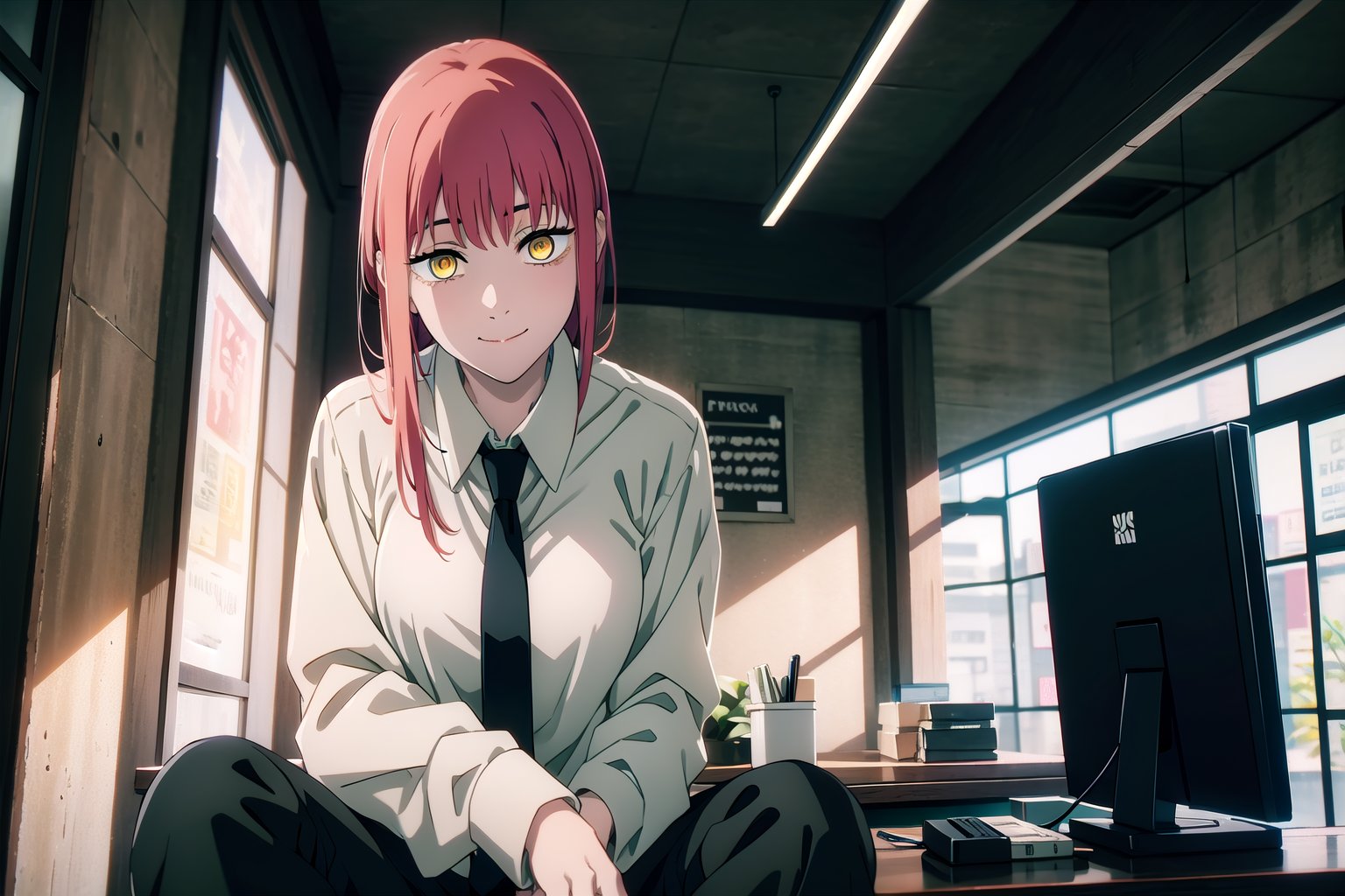 makima (chainsaw man, (masterpiece, 4k, best quality), 
1girl, solo, red hair,yellow eyes,ringed eyes, long hair, smile,  (yellow eyes:1.2), ringed eyes, shirt, long sleeves, white shirt, necktie, collared shirt, pants, black pants, formal, suit, black necktie, shirt tucked in, office outfit,  sitting, dynamic pose, detailed, looking_at_viewer, Neon Light, beautiful, 