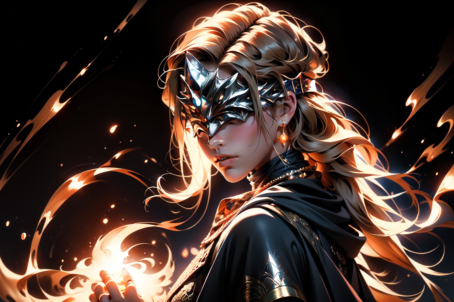 golden ratio, fighting dance, masterpiece, best quality, fantasy, intricate, illustration, color correction, appropriate lighting settings, harmonious composition,
soft lighting, specular lighting, 
extremely detailed, hyper detailed, realistic, sharp focus, hd, 8k, 
1girl, blindfirekeeper, perfect face, long hair, covered eyes, 
holding fire in hands,
dynamic pose, looking at viewer,,
dark background, golden particles effect, red flames of rot, close, light particles,blindfirekeeper