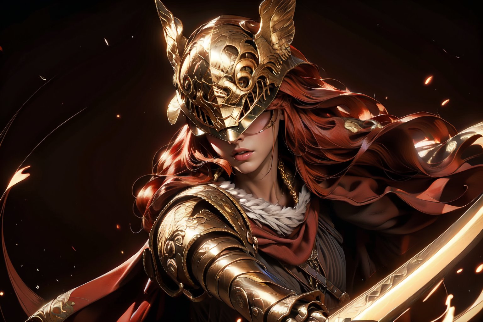 golden ratio, fighting dance, masterpiece, best quality, fantasy, intricate, illustration, color correction, appropriate lighting settings, harmonious composition,
soft lighting, specular lighting, 
extremely detailed, hyper detailed, realistic, sharp focus, hd, 8k, 
1girl, malenia blade of miquella, perfect face, red long hair, covered eyes, winged helmet, golden helmet,
dynamic pose, looking at viewer, hand sword,
dark background, golden particles effect, red flames of rot, close, light particles