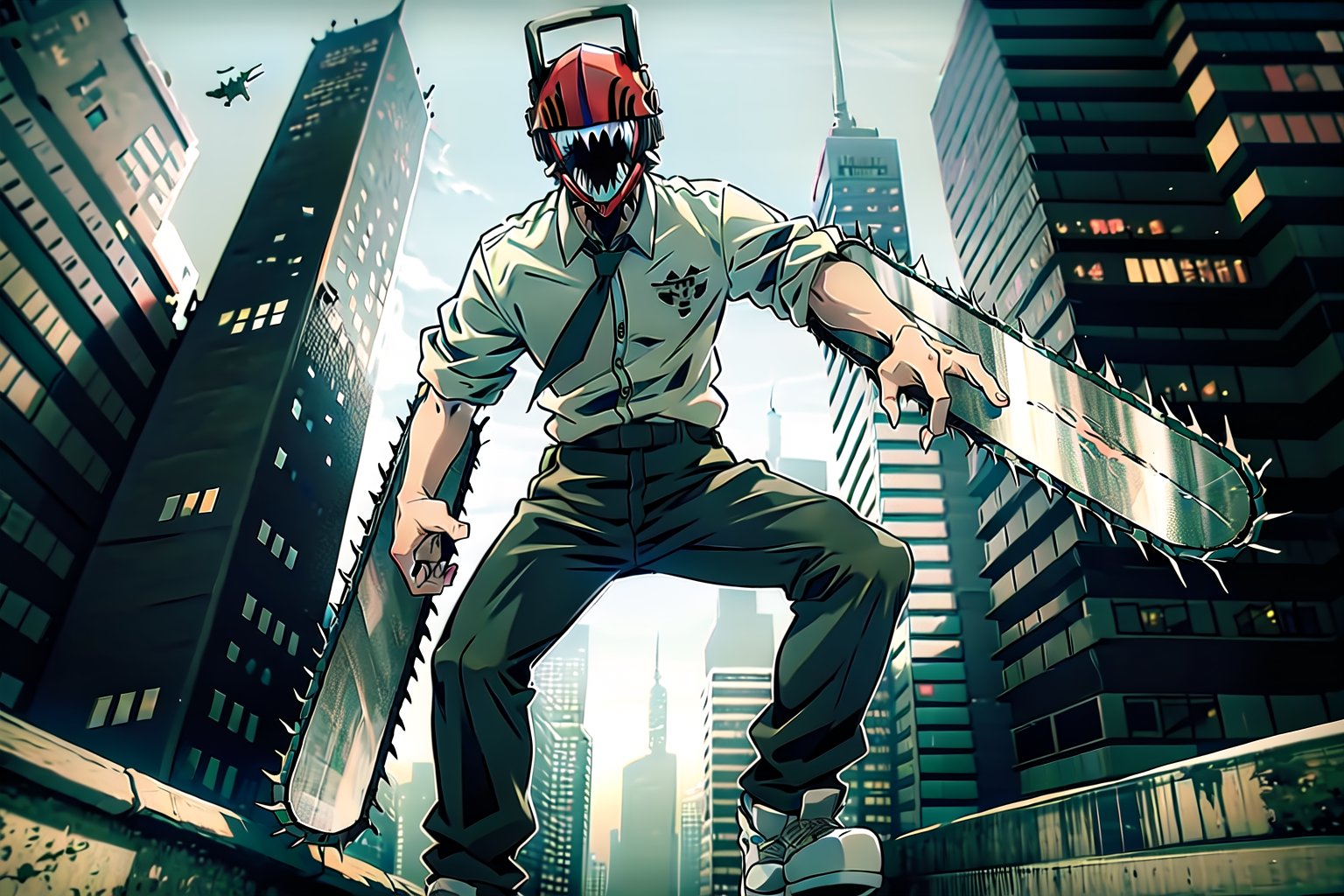 dja, (masterpiece, 4k, best quality), 
open long shirt, white shirtl, black pants, monster boy, chainsaw, sharp teeth, tongue out
shirt flutters in the wind, skyscrapers,
dynamic pose, detailed,  beautiful, wallpaper, hd