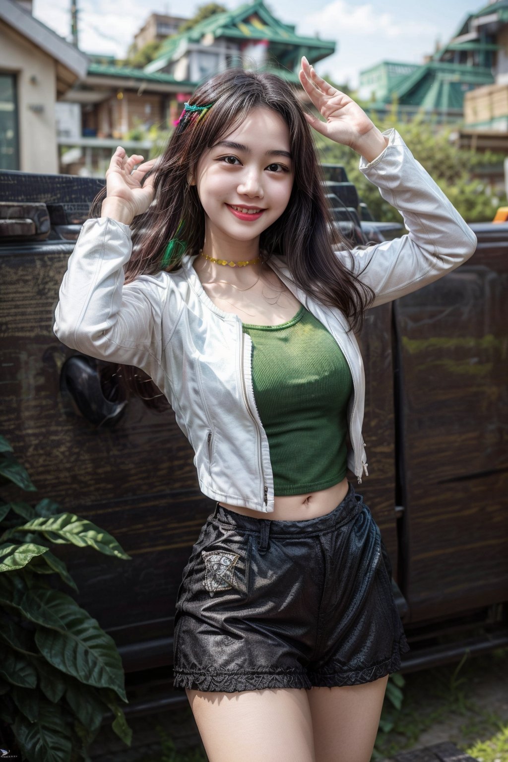 The person in the picture is a young woman with long hair. She is wearing a white jacket over a green tank top and black shorts. Her arms are raised in the air, and she is smiling. She is standing.(colorfull),outdoor