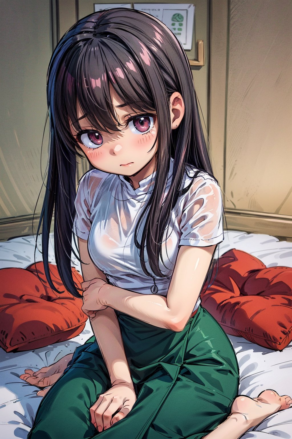 The image shows a young woman sitting on a bed, her arms hugging her knees as she appears to be in distress or experiencing some form of emotional difficulty. Her facial expression and body language suggest she is feeling sad, anxious, or overwhelmed. The lighting and setting create a somber, introspective atmosphere, highlighting the woman's inner turmoil. While I cannot identify any specific individuals, the image conveys a sense of sadness and vulnerability, inviting the viewer to empathize with the subject's emotional state.,((laugh))