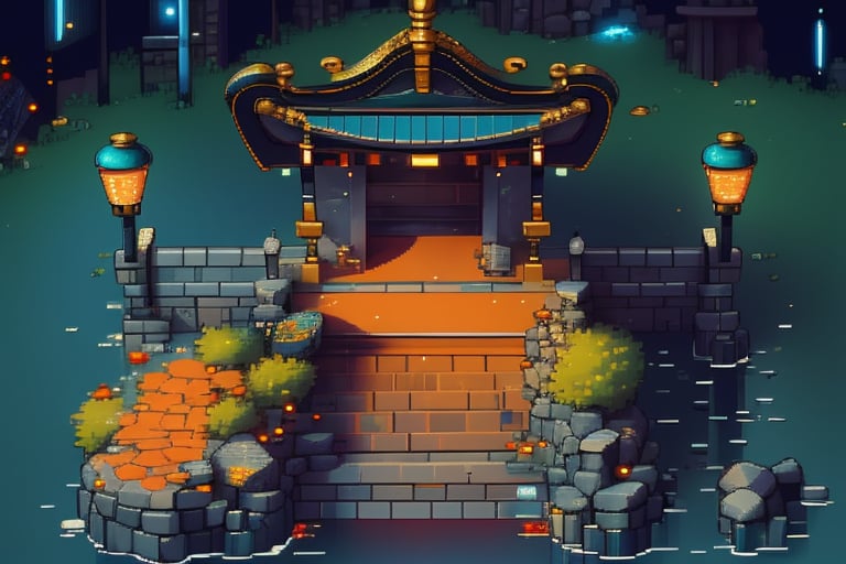 A majestic Japanese temple rises from the misty garden, its intricate architecture illuminated by vibrant colored lights. A golden lion statue sits regally at the entrance, while cyberpunk elements subtly integrate with ancient design. The 3D model's textured walls and ornate details are framed against a starry night sky, as seen from above. In this futuristic yet harmonious setting, monsa and RPG map converge in a masterpiece of contrasting styles.