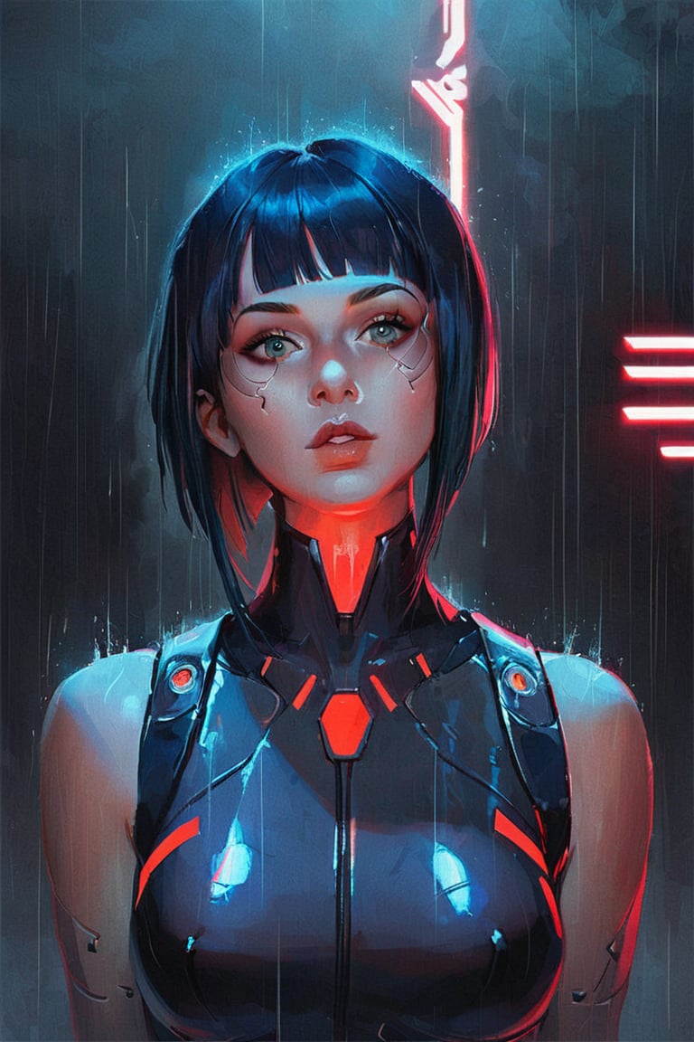 score_9, score_8_up, score_7_up BREAK more detail XL, oil painting, concept art, realistic BREAK neon lights, cyberpunk city at night, thunder, rain, woman sitting against the wall, fringe, hair bangs, artificial limbs, sleeveless, sleek suit, looking_at_viewer, head_tilt, above view, portrait, parted_lips
