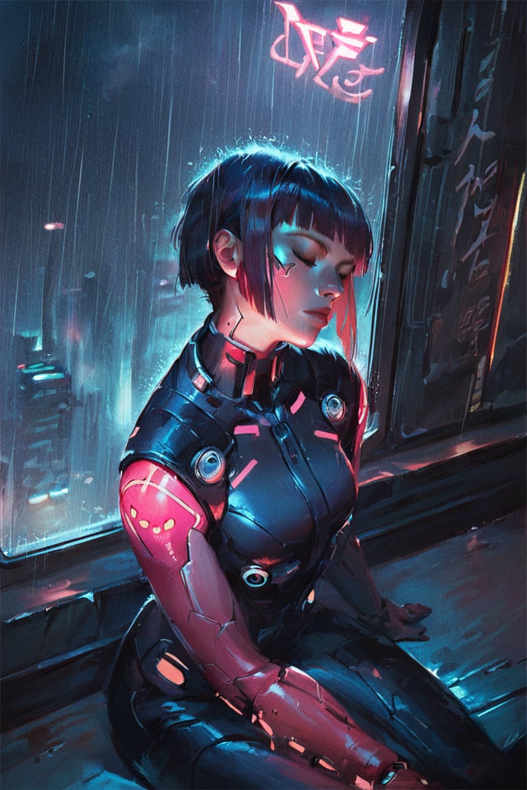 score_9, score_8_up, score_7_up BREAK more detail XL, oil painting, concept art, realistic BREAK neon lights, cyberpunk city at night, thunder, rain, woman sitting against the wall, fringe, hair bangs, artificial limbs, sleeveless, sleek suit, closed eyes, head_tilt, above view, foreshortening
