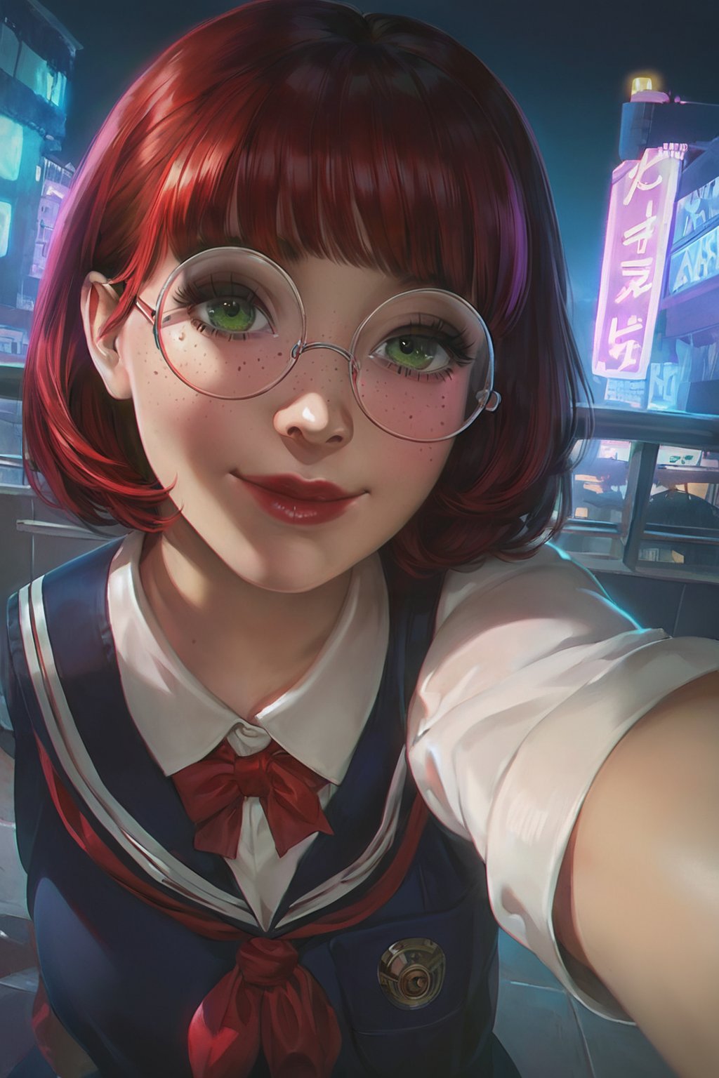 score_9, score_8_up, score_7_up, realistic, rating_safe, (city at night background, blurred), neon lights, moonlight, 1girl, petite school_girl, school_uniform, red ribbon, medium bob hair with fringe, freckles, red hair, green eyes, lipstick, selfie, soft smile, round glasses, perspective, looking_at_camera
