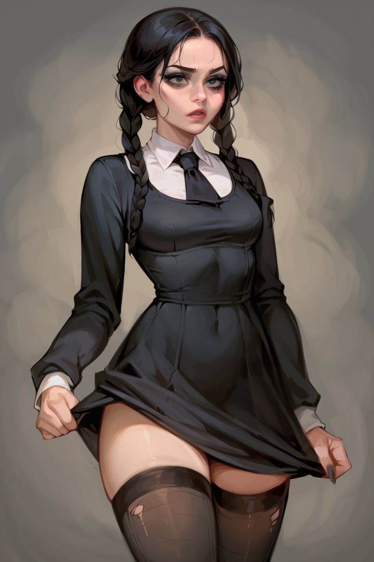 score_9, score_8_up, score_7_up, 4RCH0N, more detail XL, dark background, Wednesday Addams, petite, long-sleeved dress, stockings, dark eyeshadow, goth, cowboy_shot
