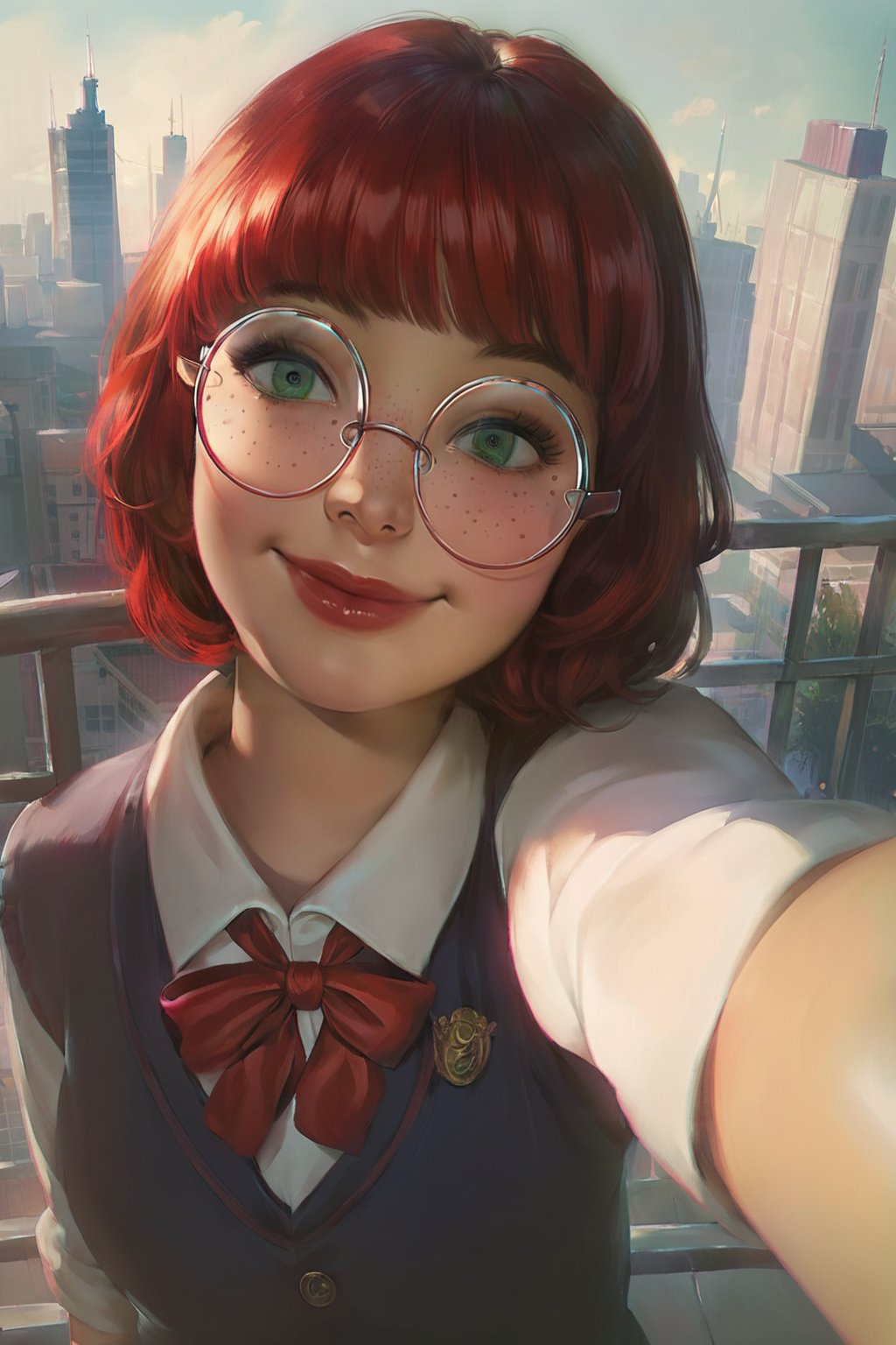 score_9, score_8_up, score_7_up, realistic, rating_safe, (city morning background, blurred), 1girl, petite school_girl, school_uniform, red ribbon, medium bob hair with fringe, freckles, red hair, green eyes, lipstick, selfie, soft smile, round glasses, perspective, looking_at_camera
