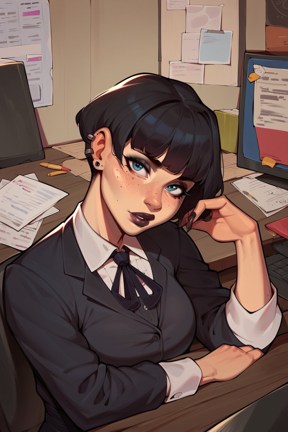 score_9, score_8_up, score_7_up, more detail XL, 4RCH0N, 1girl, goth, office_lady, black hair, short hair, fringe, fit, head tilt, freckles, looking_at_viewer, portrait
