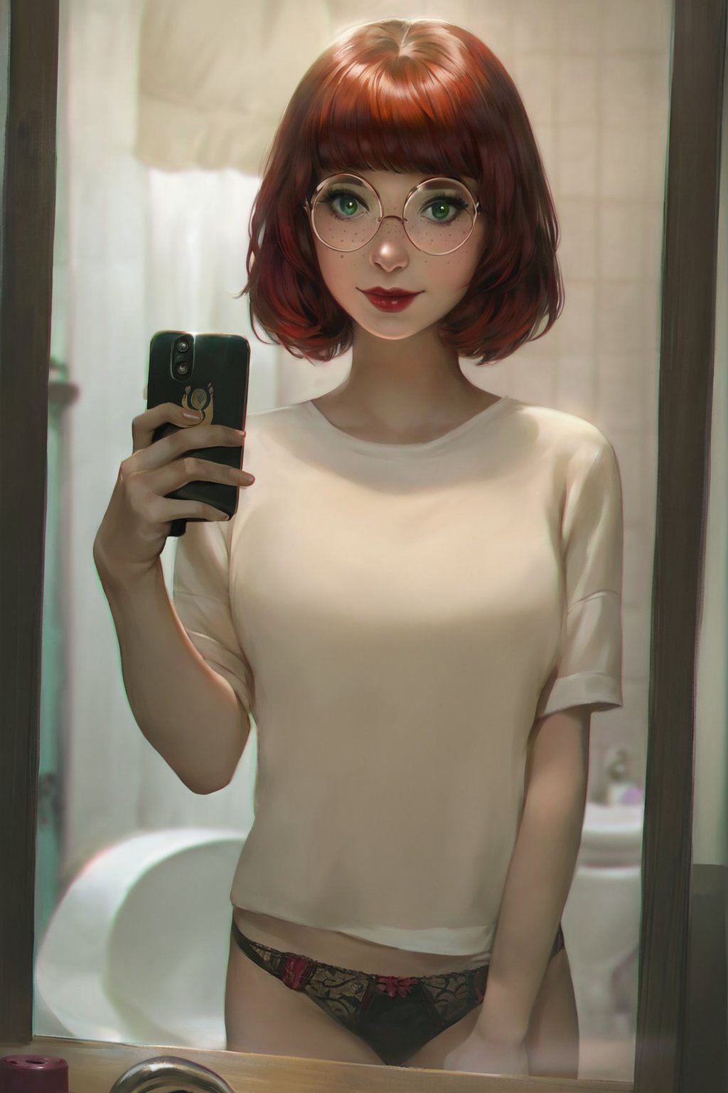 score_9, score_8_up, score_7_up, realistic, rating_safe, (bathroom background, blurred), 1girl, solo, petite school_girl, underwear, medium bob hair with fringe, freckles, red hair, green eyes, lipstick, mirror, holding phone, soft smile, round glasses
