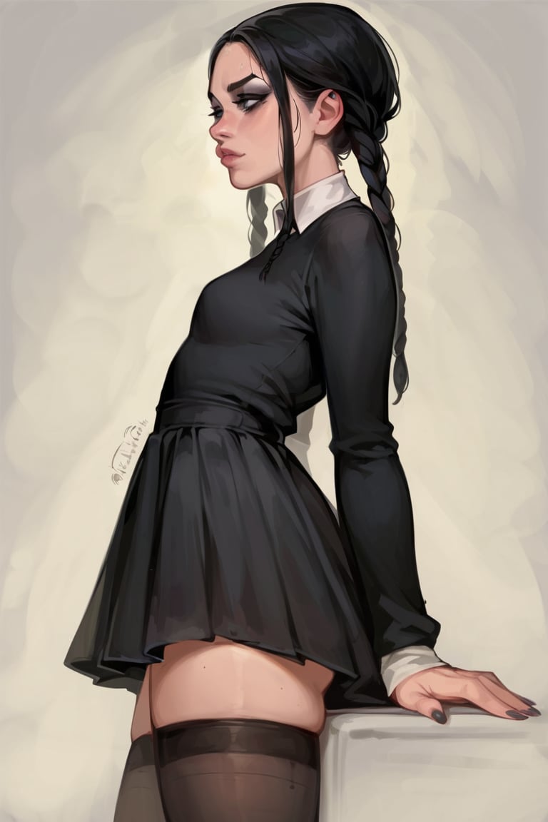 score_9, score_8_up, score_7_up, 4RCH0N, more detail XL, dark background, Wednesday Addams, petite, long-sleeved dress, stockings, dark eyeshadow, goth, cowboy_shot, side view
