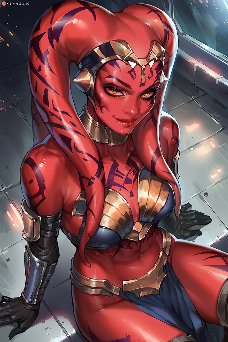 score_9, score_8_up, score_7_up, rating_safe, spaceship interior, 1girl, DTalon_DG, sitting, red skin, orange eyes, facial mark, tattoo, twi'lek, armor, black pelvic curtain, fit, cowboy_shot, looking_at_viewer, smirk, above view
