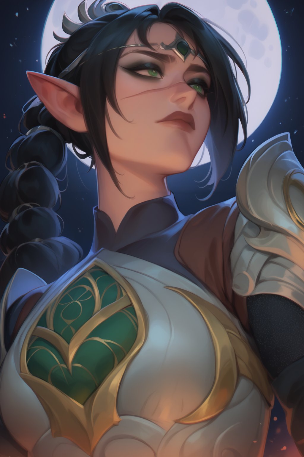 score_9, score_8_up, score_7_up, 1girl, 4RCH0N, dark background with a moon, artistic portrait, shadowheart, elf ears, selunite, armor, scar on face, black hair, fringe, green eyes, braided ponytail, circlet, dark eyeshadow, fit, view from below