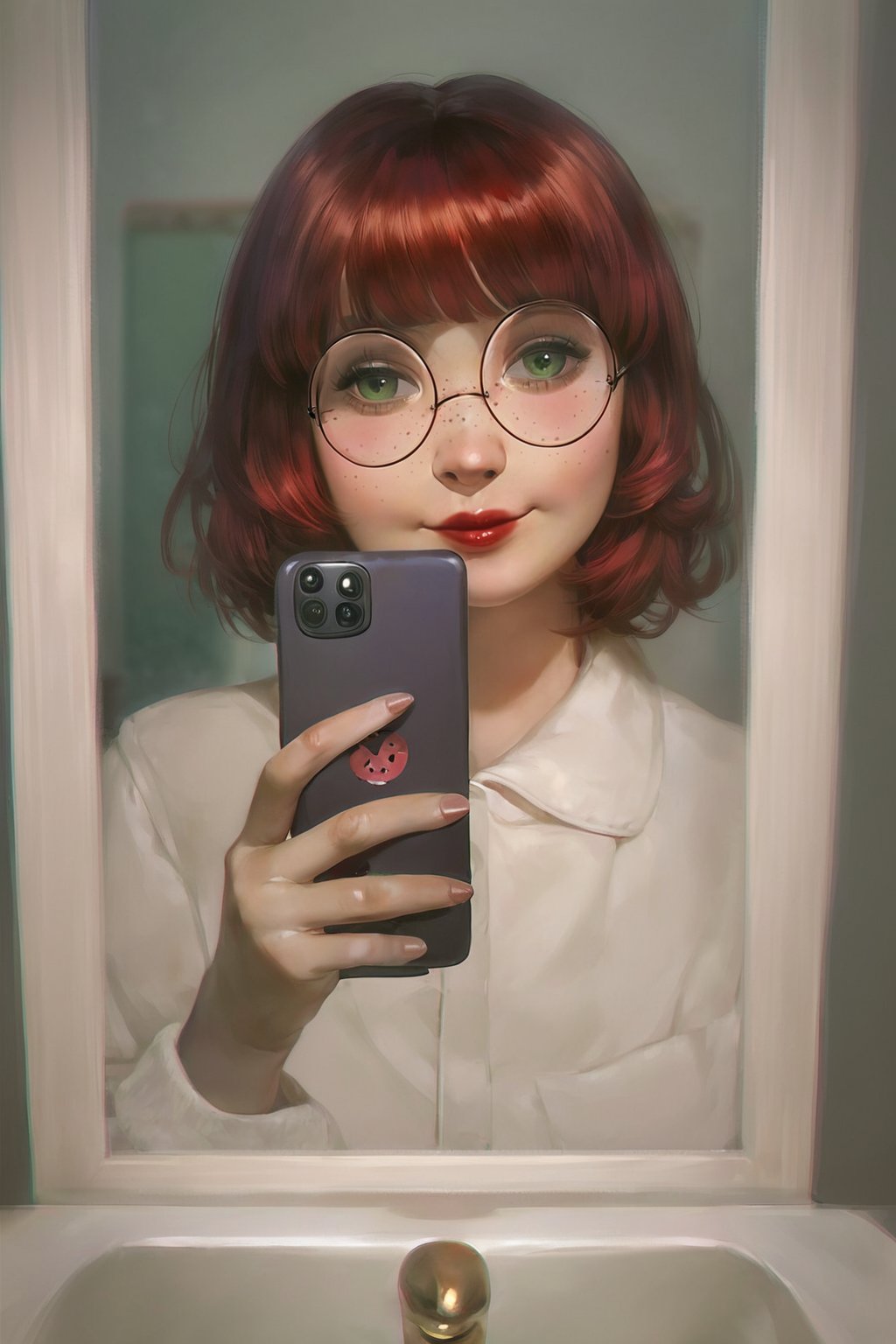 score_9, score_8_up, score_7_up, realistic, rating_safe, (bathroom background, blurred), 1girl, solo, petite school_girl, underwear, medium bob hair with fringe, freckles, red hair, green eyes, lipstick, mirror, holding phone, soft smile, round glasses
