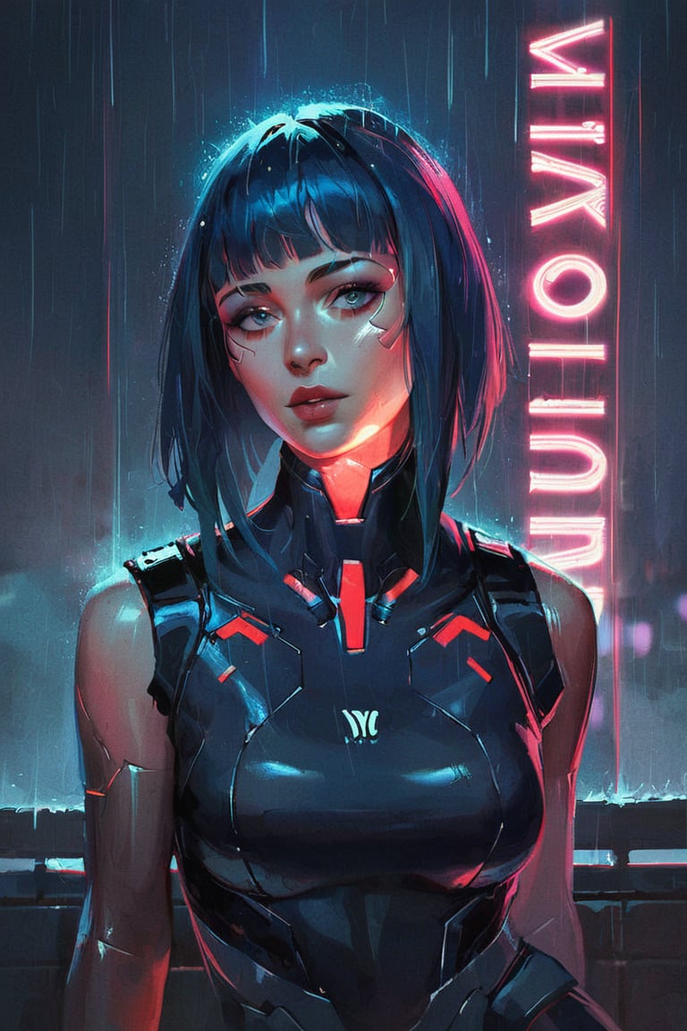 score_9, score_8_up, score_7_up BREAK more detail XL, oil painting, concept art, realistic BREAK neon lights, cyberpunk city at night, thunder, rain, woman sitting against the wall, fringe, hair bangs, artificial limbs, sleeveless, sleek suit, looking_at_viewer, head_tilt, above view, portrait, parted_lips
