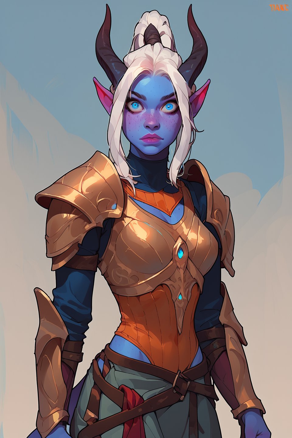 score_9, score_8_up, score_7_up, more detail XL, thick lineart, solo, tiefling, blue skin, white hair, horns, fit, blue eyes, wide eyes, freckles, white hair, ponytail, tail, armor, looking_at_viewer
