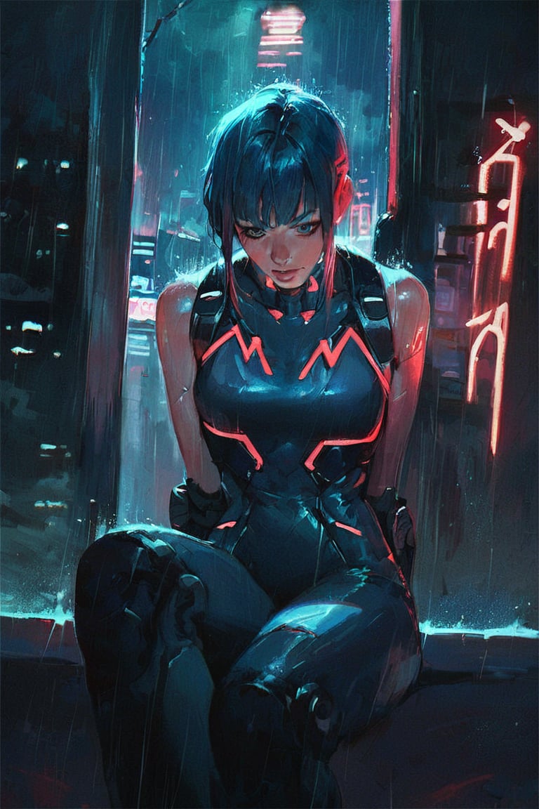 score_9, score_8_up, score_7_up BREAK more detail XL, oil painting, neon lights, cyberpunk city at night, woman sitting against the wall, fringe, hair bangs, rain, dramatic angle, front view, artificial limbs, sleeveless, sleek suit, motion blur, looking down
