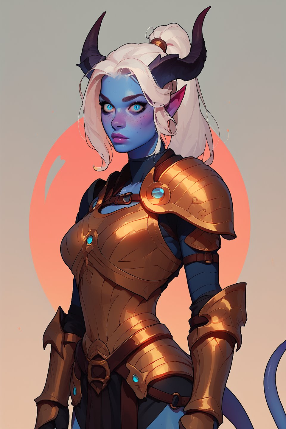 score_9, score_8_up, score_7_up, more detail XL, thick lineart, solo, tiefling, blue skin, white hair, horns, fit, blue eyes, wide eyes, freckles, white hair, ponytail, tail, armor, looking_at_viewer
