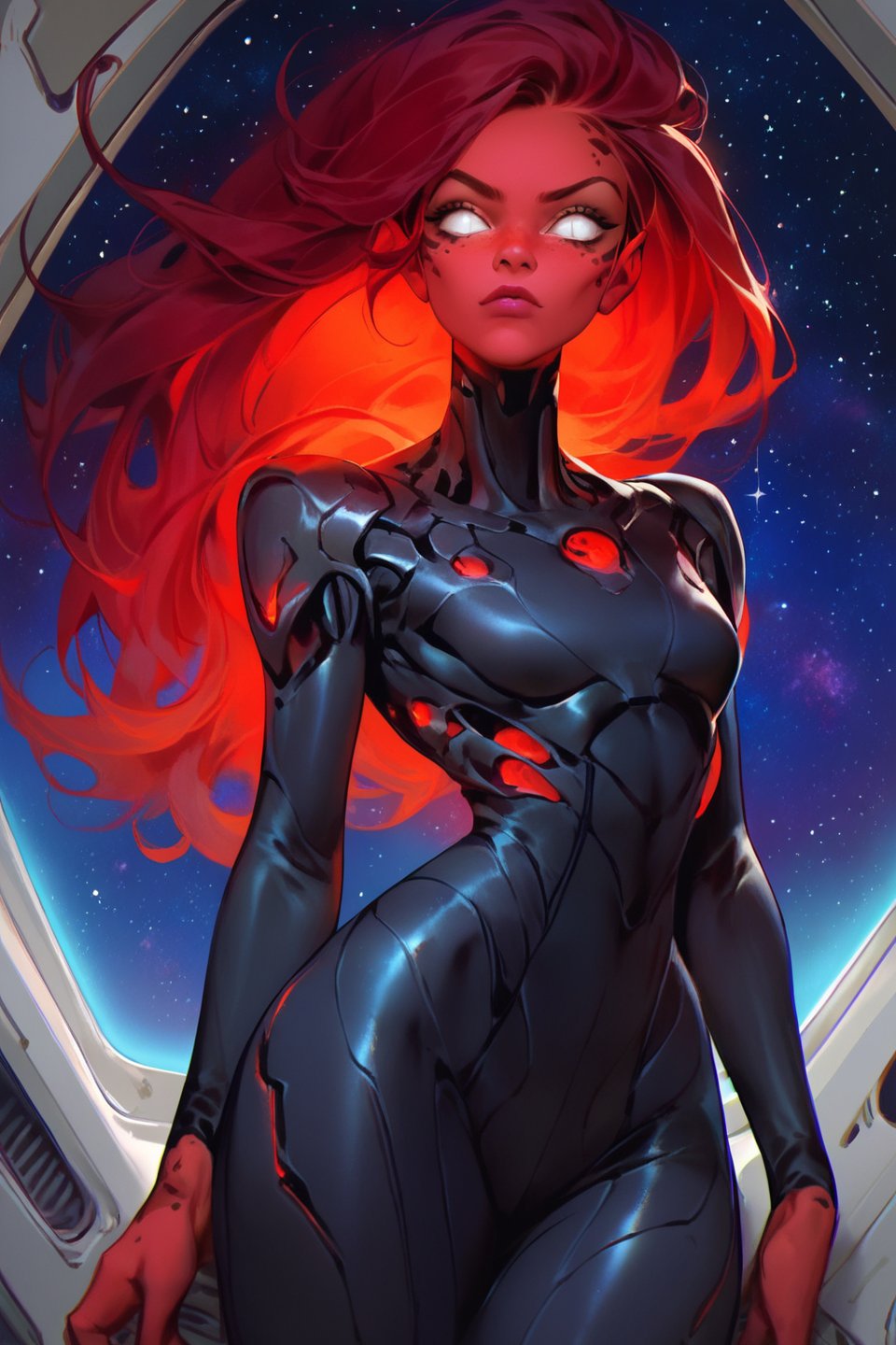 score_9, score_8_up, score_7_up, more detail XL, 4RCH0N, rating_safe, spaceship, galaxy, alien_girl, red skin, slit pupils, black bodysuit, long hair, white eyes, glowing, fit
