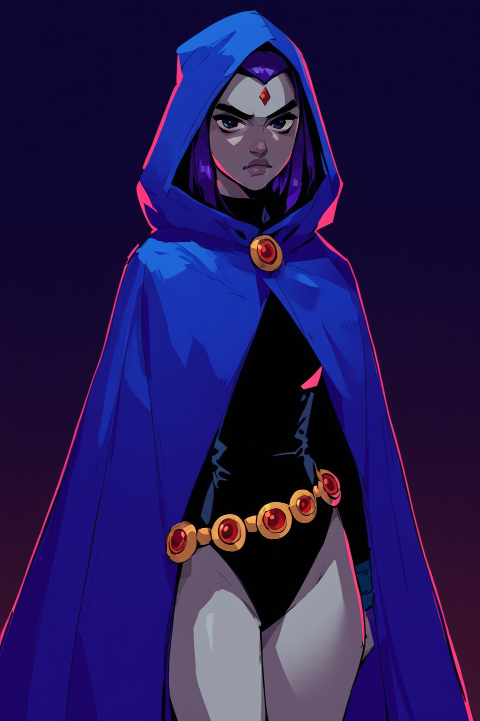 score_9, score_8_up, score_7_up, lineart, ravendc, dark background, 1girl, solo, black leotard, grey skin, forehead jewel, dark blue hood cloak, belt, purple hair, cowboy_shot, shadows, posing, looking_at_viewer
