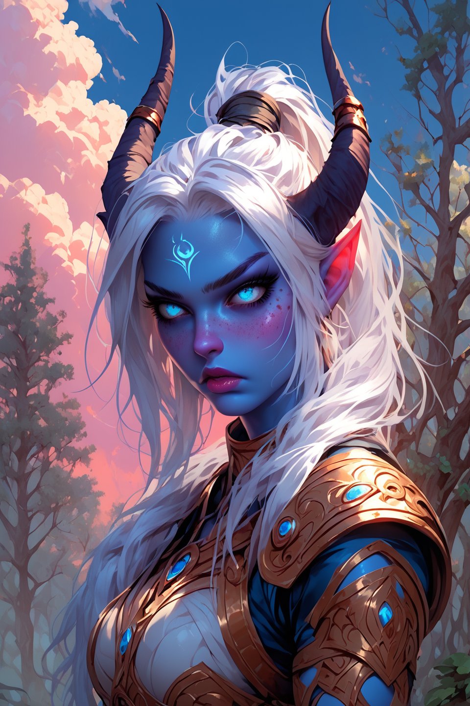 score_9, score_8_up, score_7_up, more detail XL, mythp0rt, thick lineart, cloudy sky with trees on horizon, solo, tiefling, blue skin, white hair, horns, fit, blue eyes, freckles, white hair, ponytail, light armor
