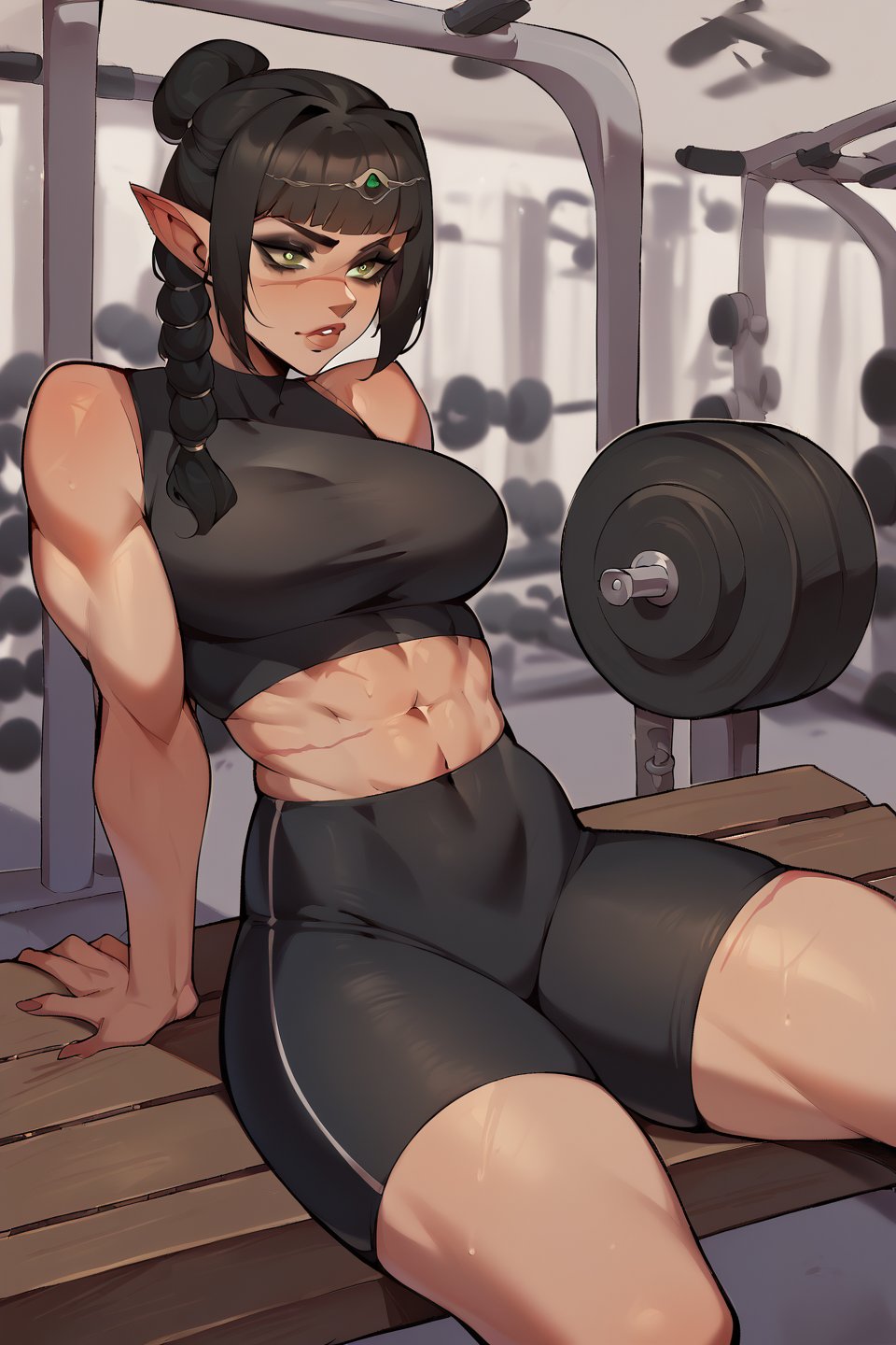 score_9, score_8_up, score_7_up, 4RCH0N, 1girl, gym, shadowheart, scar on face, black hair, fringe, green eyes, braided ponytail, pointy ears, fit, black shorts, black crop top, dark eyeshadow, sitting on bench, facing_viewer