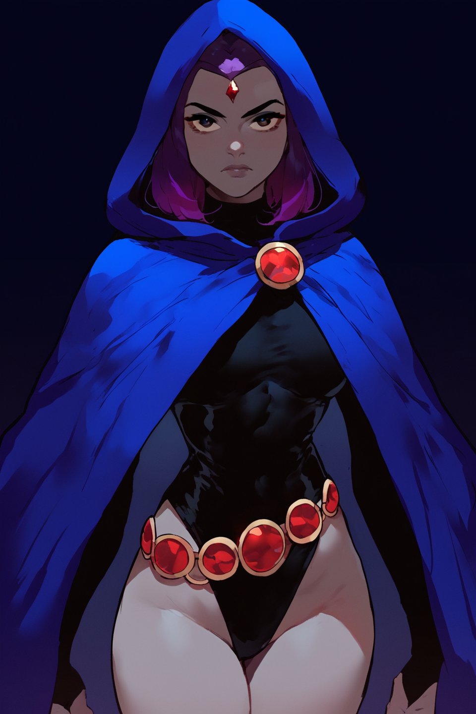 score_9, score_8_up, score_7_up, Nyantcha style , dark background, lineart, ravendc, 1girl, solo, black leotard with sleeves, grey skin, forehead jewel, dark blue hood cloak, belt, purple hair, cowboy_shot, shadows, posing, looking_at_viewer
