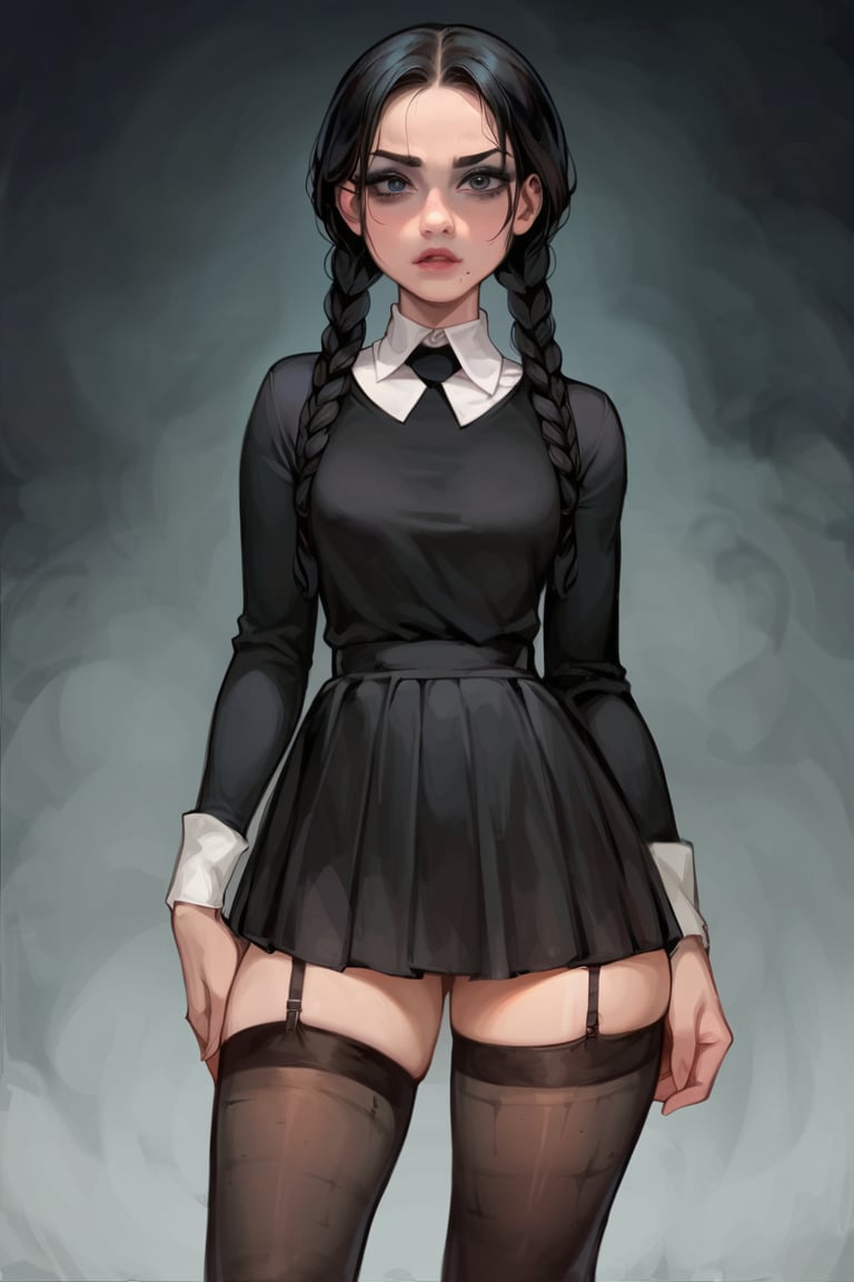 score_9, score_8_up, score_7_up, 4RCH0N, more detail XL, dark background, Wednesday Addams, petite, long-sleeved dress, stockings, dark eyeshadow, goth, cowboy_shot, looking_at_viewer