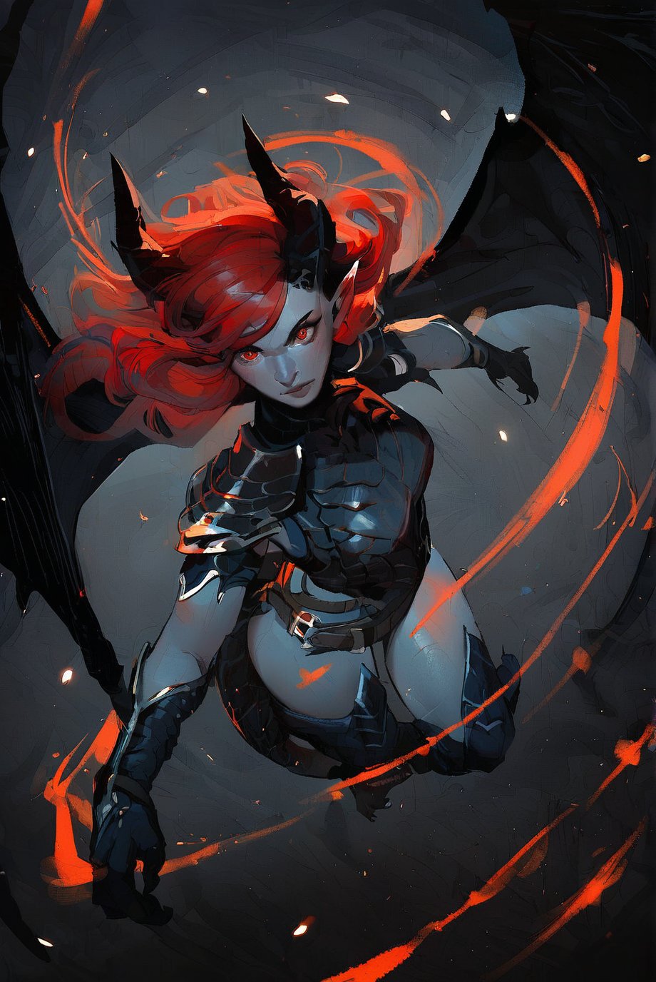 score_9, score_8_up, score_7_up, rating_safe, 1girl, fit, solo, dragon girl, black scales, grey skin, elf ears, looking_at_viewer, red eyes, red hair, hair bangs, horns, wings, tail, claws, dark background, light_particles, action pose, above view, foreshortening
