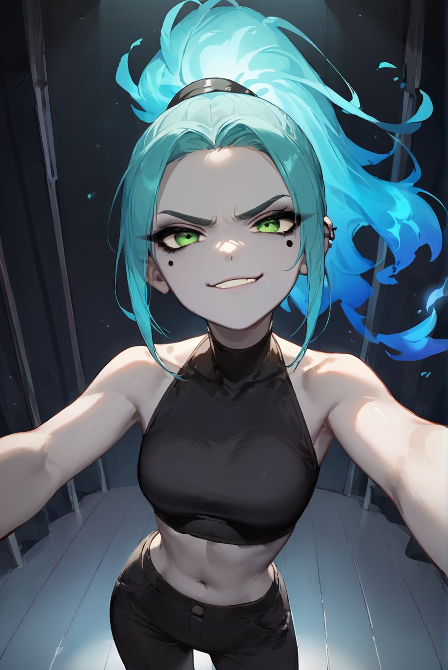 score_9, score_8_up, score_7_up, more detail XL, Expressiveh, colorful, backlit, stage background, rating_safe, 1girl, solo, zzEmber, crop top, pants, ponytail, aqua hair, grey skin, goth, blue fire, green eyes, smug, selfie, above view