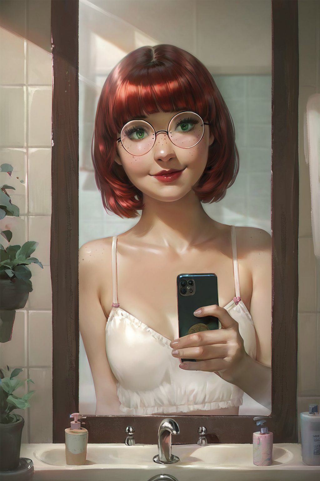 score_9, score_8_up, score_7_up, realistic, rating_safe, (bathroom background, blurred), 1girl, petite school_girl, underwear, medium bob hair with fringe, freckles, red hair, green eyes, lipstick, mirror, holding phone, soft smile, round glasses, full_body
