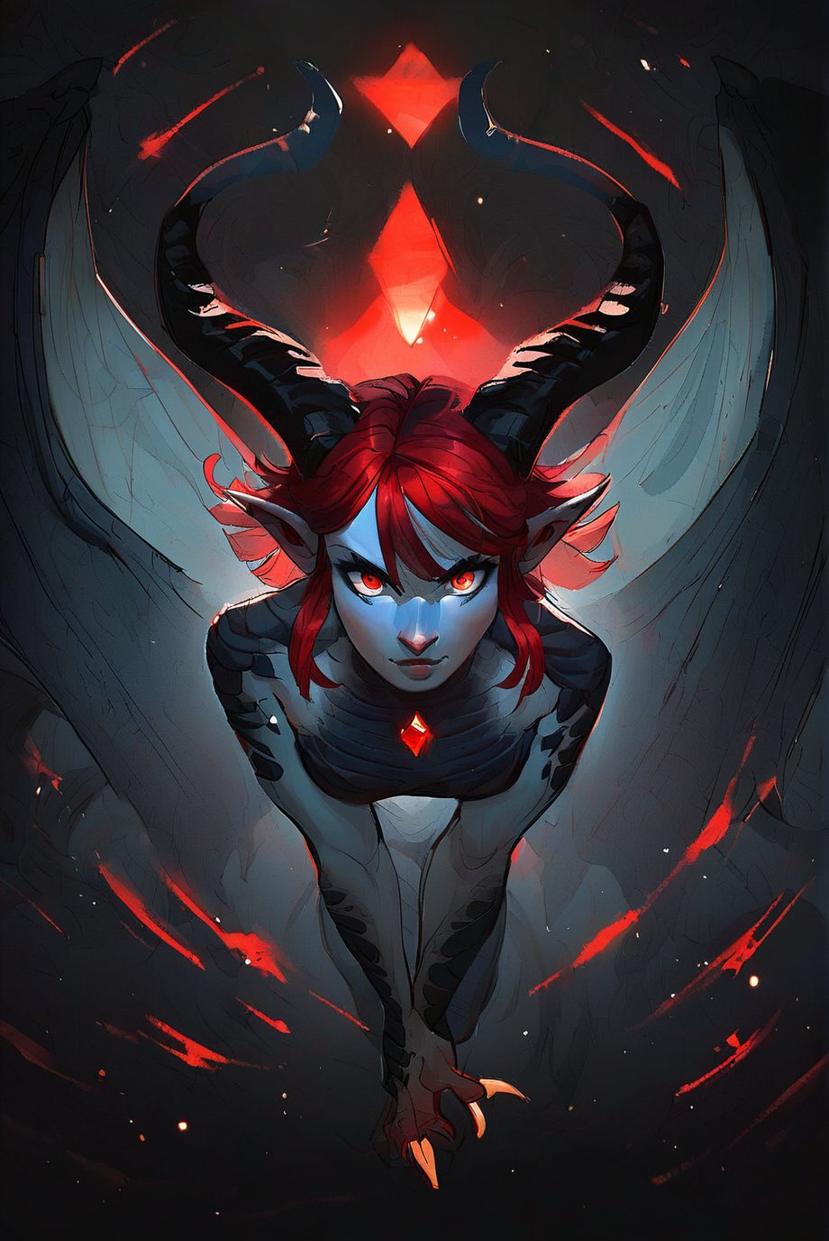 score_9, score_8_up, score_7_up, rating_safe, 1girl, fit, solo, dragon girl, black scales, grey skin, elf ears, looking_at_viewer, red gem, red eyes, red hair, hair bangs, horns, wings, tail, claws, dark background, light_particles, action pose, above view, foreshortening
