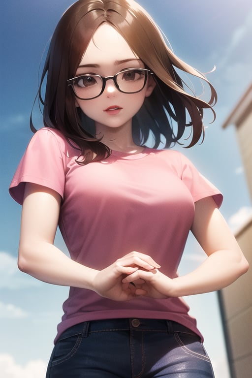 meg griffin, brown hair, black eyes, bob hair, glasses, red lips, pink shirt, blue pants, short sleeves, round glasses, forehead, black-framed eyewear, sharp focus, perfect hands, outdoors, sky, cloudy sky, anime waifu style