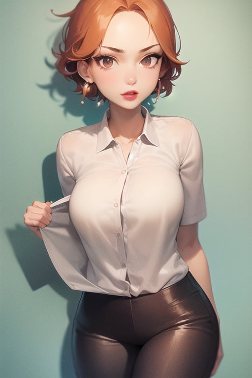  1girl,lois, blue earrings, short hair,solo, lipstick, orange hair, black eyes, aqua shirt,beige pants, red lips, forehead, sharp focus, short sleeves, collared shirt, green background, anime waifu style