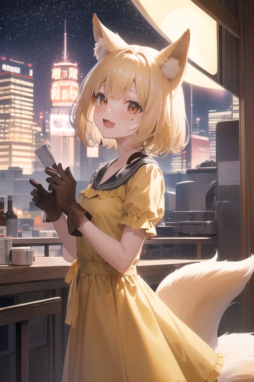 20th century studios, blonde hair, brown eyes, short products hair, mole, fang, crossed bangs, fox tail, fox ears, brown highlight, yellow dress, brown gloves, holding, searchlight, cityscape, hollywood, sky, starry_sky, anime waifu style